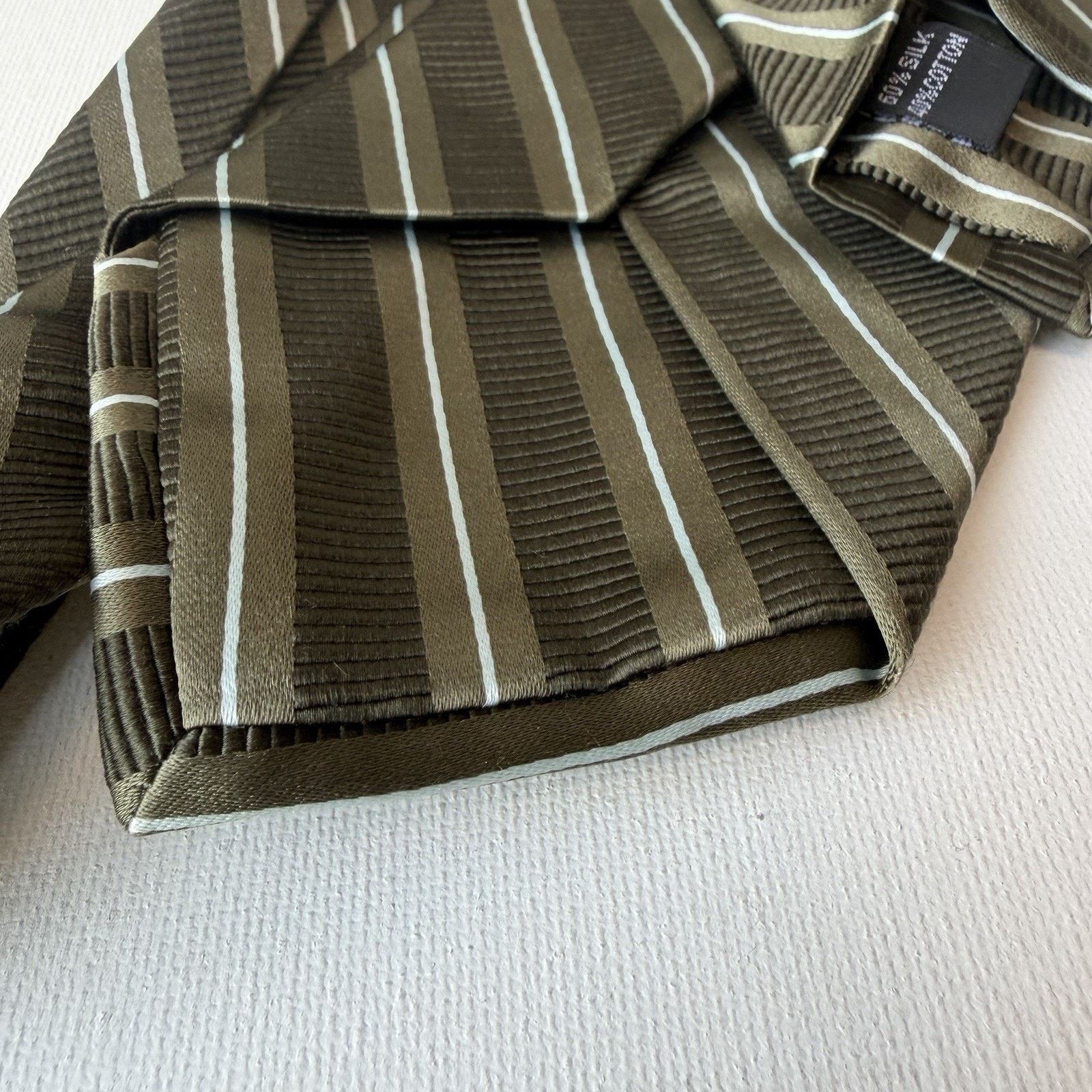 Ike Behar Ike Behar Striped Silk/Cotton Tie – Olive/Brown Size ONE SIZE - 3 Thumbnail