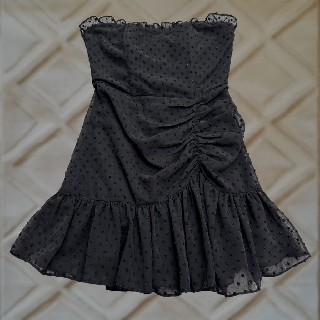 Vintage Hello Molly Strapless Swiss Dot Mini Dress Womens 4 Black Ruffle Hem Ruched LBD Dress Size S / US 4 / IT 40 - 1 Thumbnail