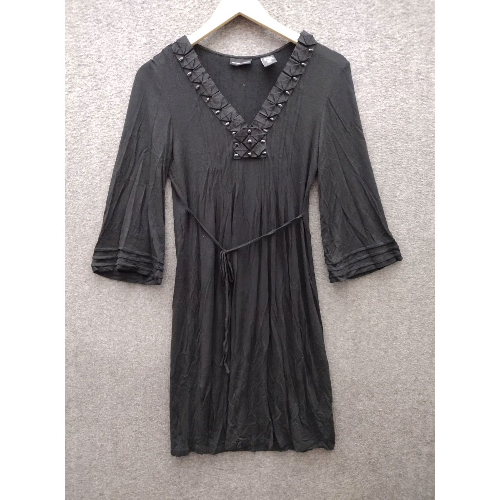 Vintage NY&Co Tunic Dress XS V-Neck 3/4 Bell Sleeve Ribbon Tie Rhinestone Black Spandex Rayon Stretch Knee Length Women's Size XS / US 0-2 / IT 36-38 - 2 Thumbnail