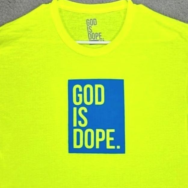 Vintage God Is Dope T-Shirt Mens Medium Neon Green Graphic Print Crew Neck Tee Size US M / EU 48-50 / 2 - 2 Thumbnail