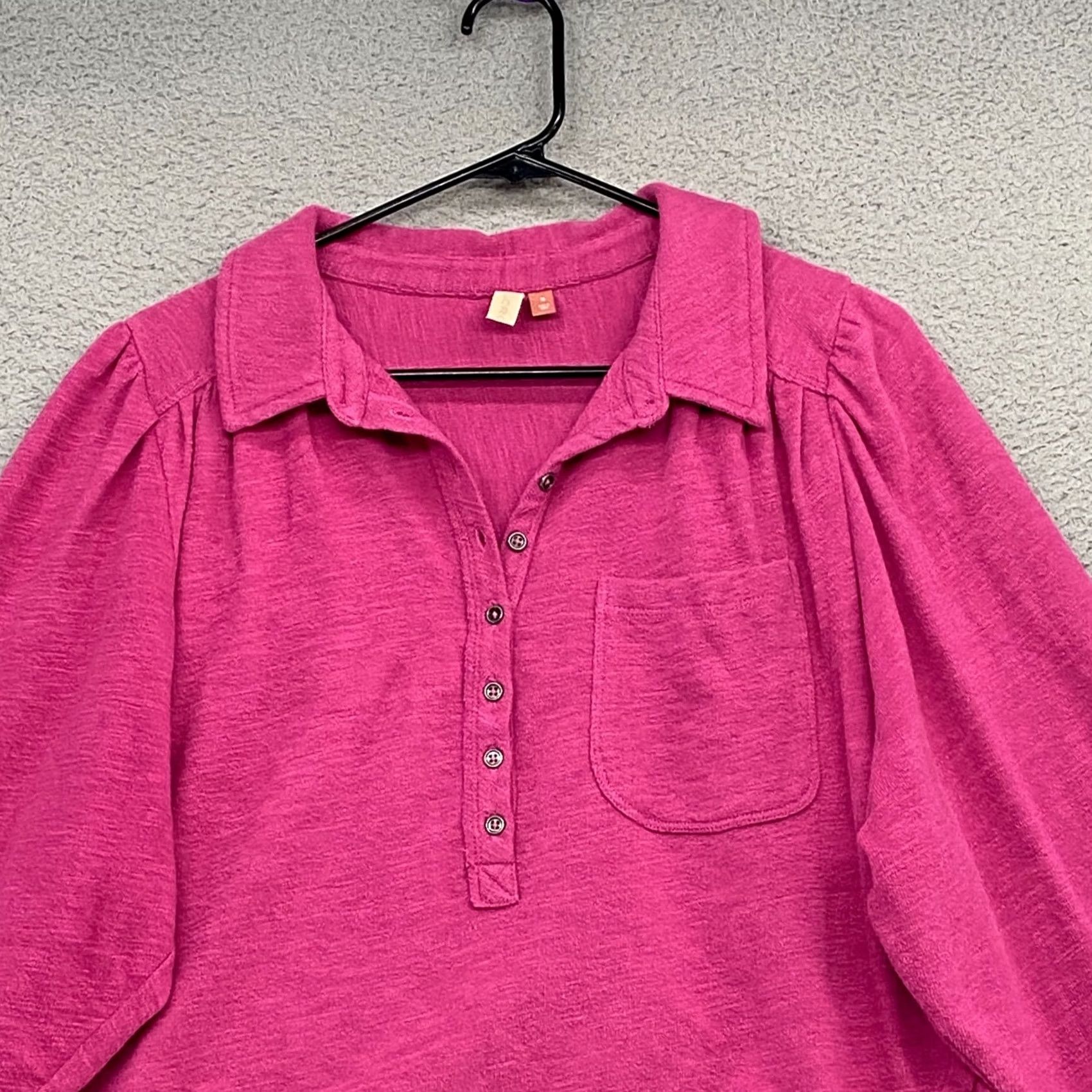 Vintage Pilcro Boxy Puff Sleeve Henley Top Womens Medium Pink Terry Cropped Oversized Relaxed Vince? Size M / US 6-8 / IT 42-44 - 2 Thumbnail