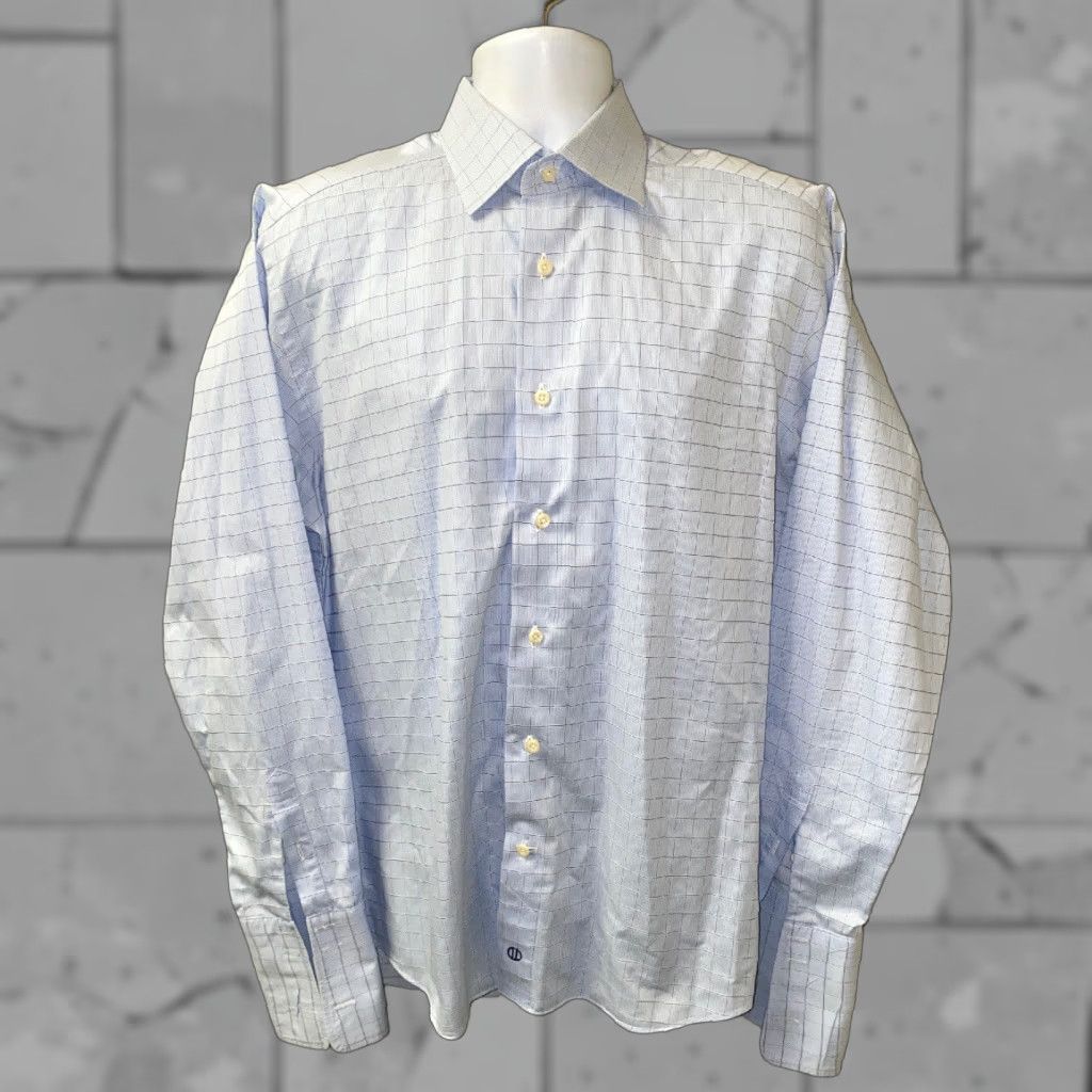 David Donahue VINTAGE David Donahue Mens Dress Shirt Long Sleeve Checkered Cotton Size 16 Blue Size 42R - 1 Thumbnail