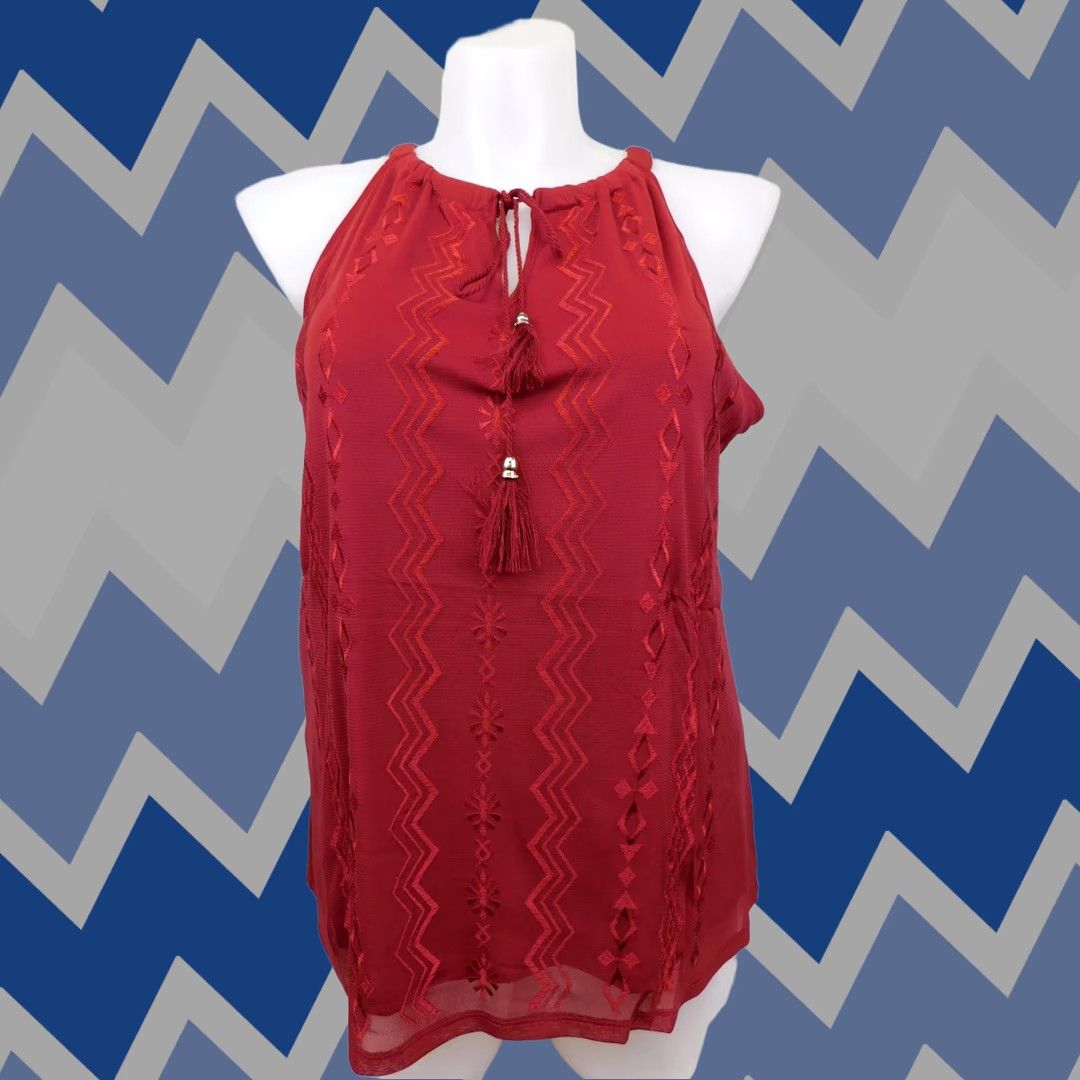 Vintage INC International Concepts Halter Top 1X Blouse Sleeveless Embroidered Tassel Red Nylon Geometric 90s? Size XL / US 12-14 / IT 48-50 - 1 Thumbnail