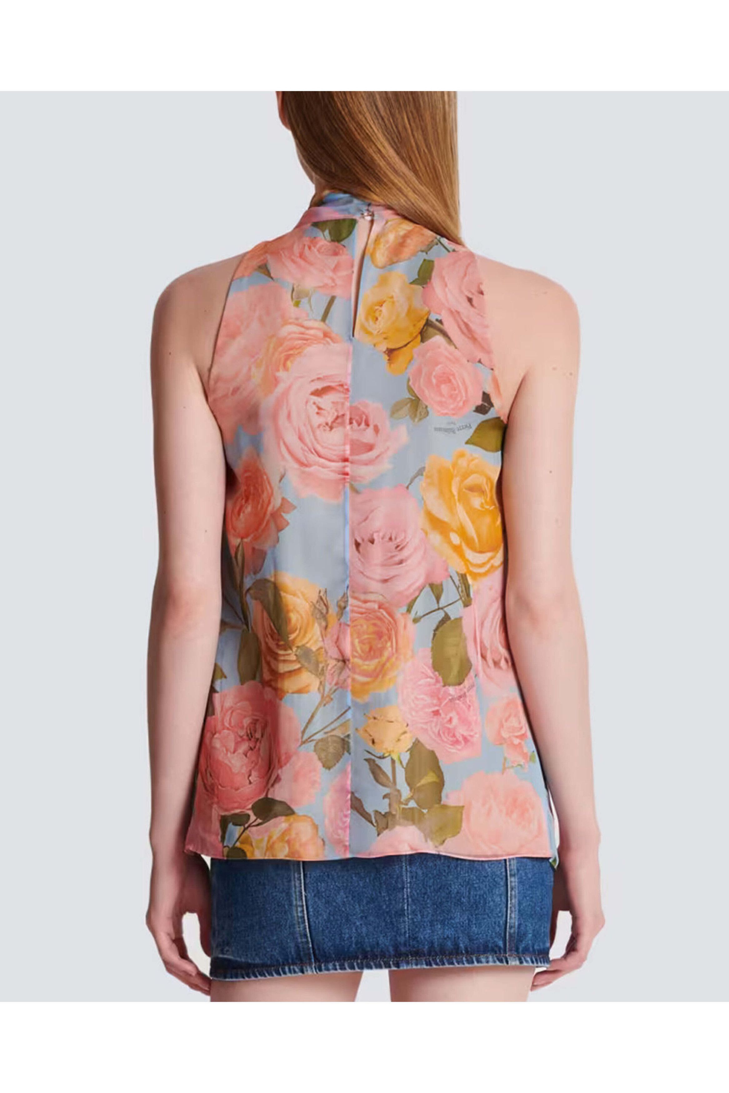 Balmain o1s1wg110825 Pastel Rose Print Tie Neck Blouse in Multicolor Size S / US 4 / IT 40 - 3 Thumbnail