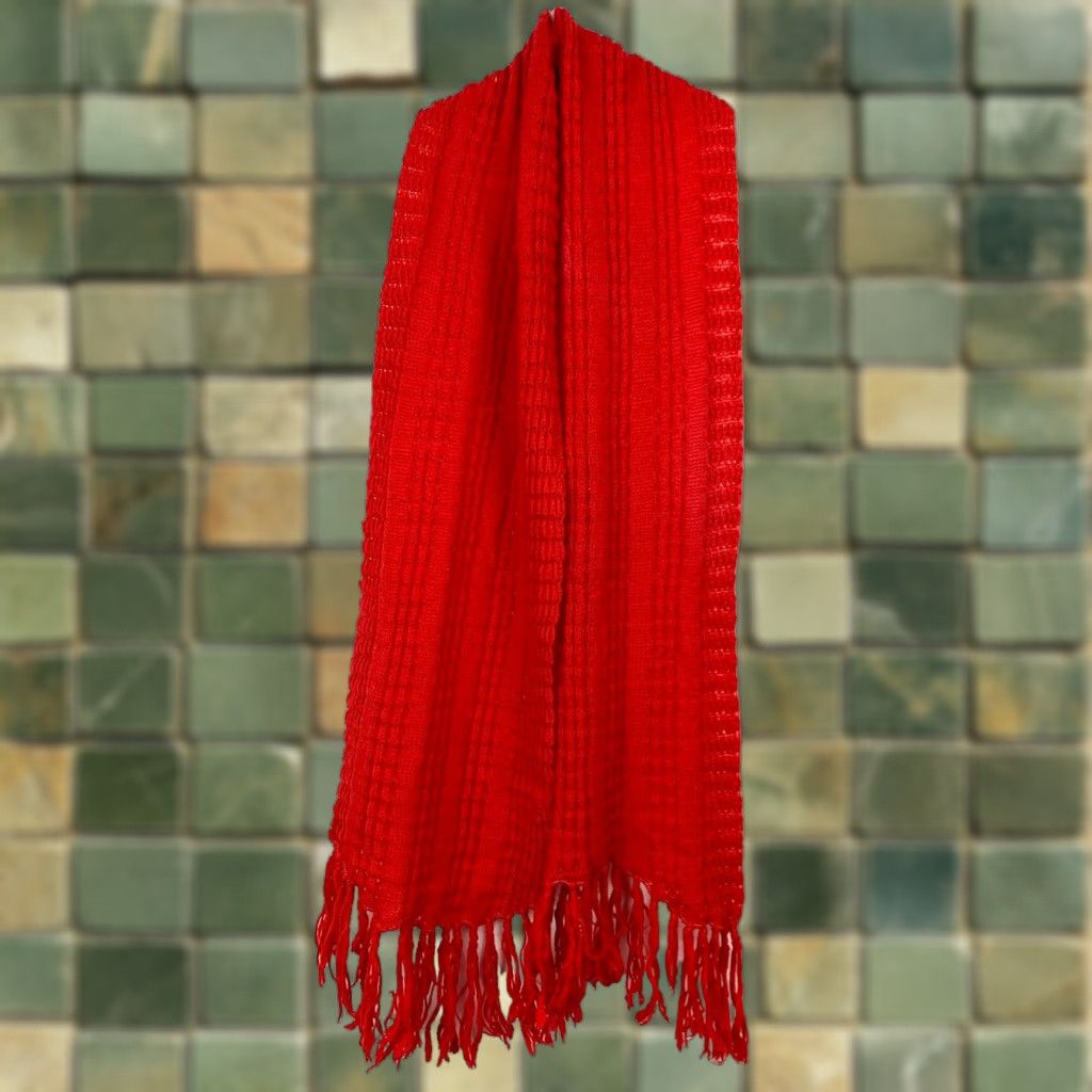 Vintage VINTAGE Handmade Bright Red Open Weave Fringe Woven Knit Scarf 68" Women's Scarf 1970s Acrylic Fringe Knit 13.5" x 68" Red Charity? Size ONE SIZE - 1 Thumbnail
