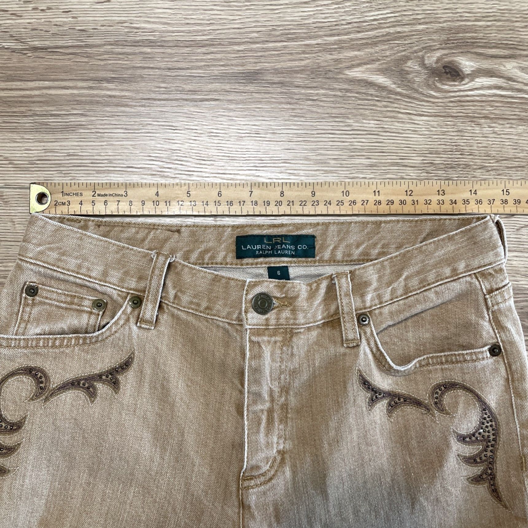 Vintage Lauren Jeans Co. Womens Stretch Bootcut Jeans Embroidered Tan Size 6 Size 28" / US 6 / IT 42 - 4 Thumbnail