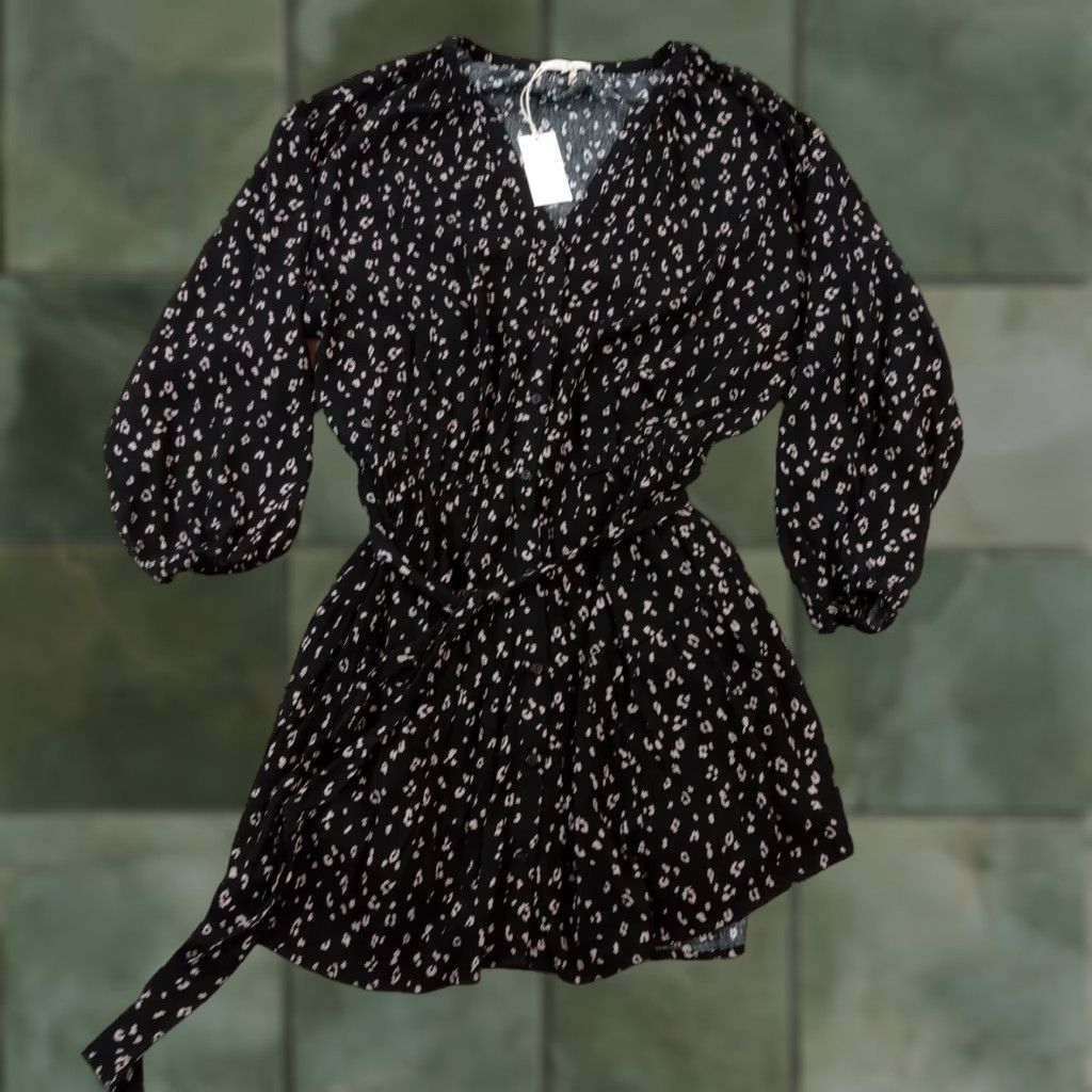 Z Supply VINTAGE Z Supply Dress Women Large Black Leopard Animal Print Casual A-Line Knee Length Long Sleeve V-Neck Lightweight Rayon Size L / US 10 / IT 46 - 1 Thumbnail