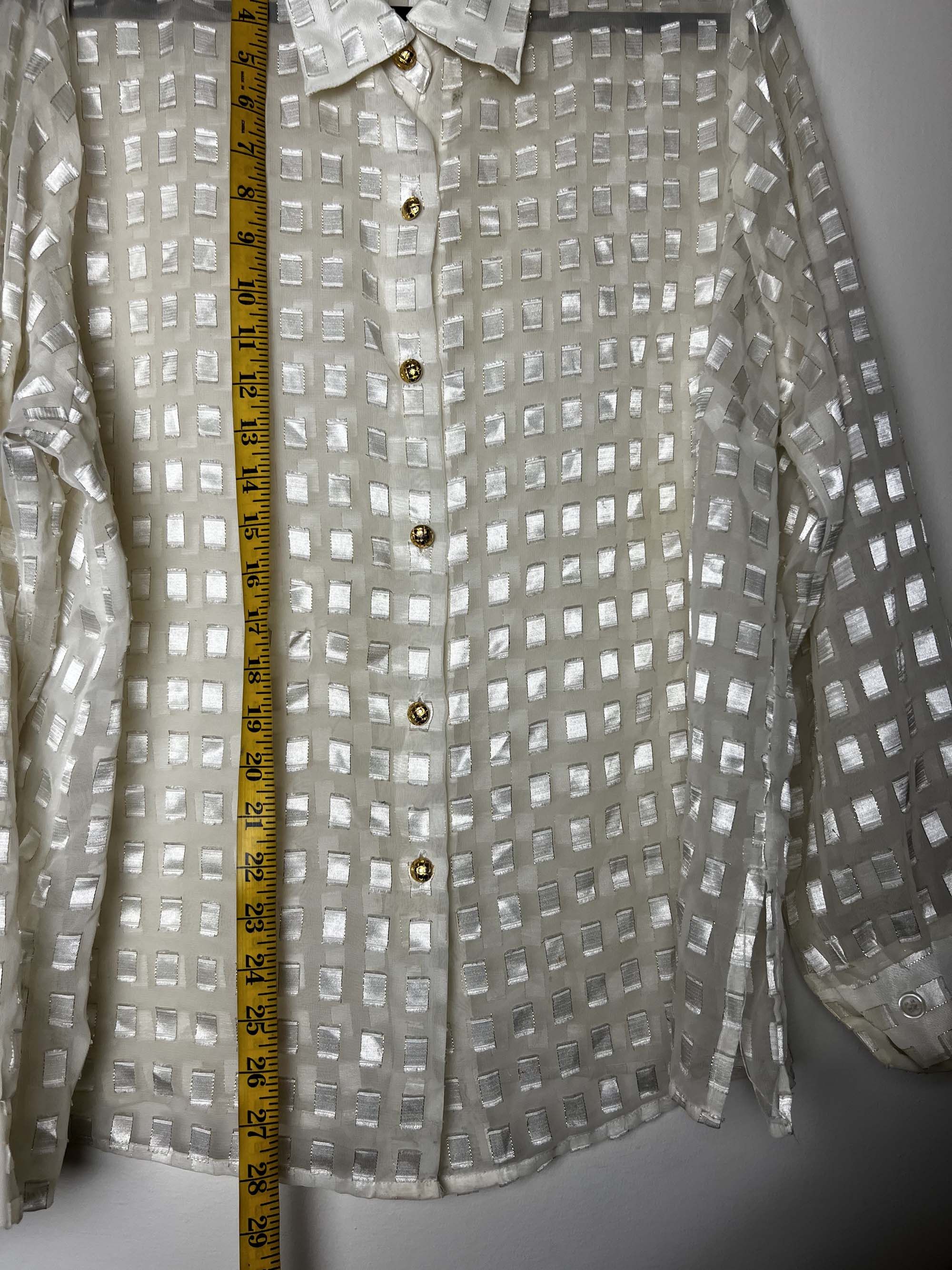 Vintage Vintage 1980's White Gold Block Patterned Sheer Button Up Size L / US 10 / IT 46 - 13 Thumbnail