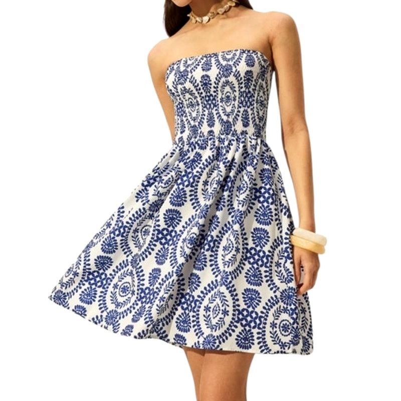 Other Blue White Strapless Floral Collarless Mini Woven Dress Size M / US 6-8 / IT 42-44 - 2 Thumbnail