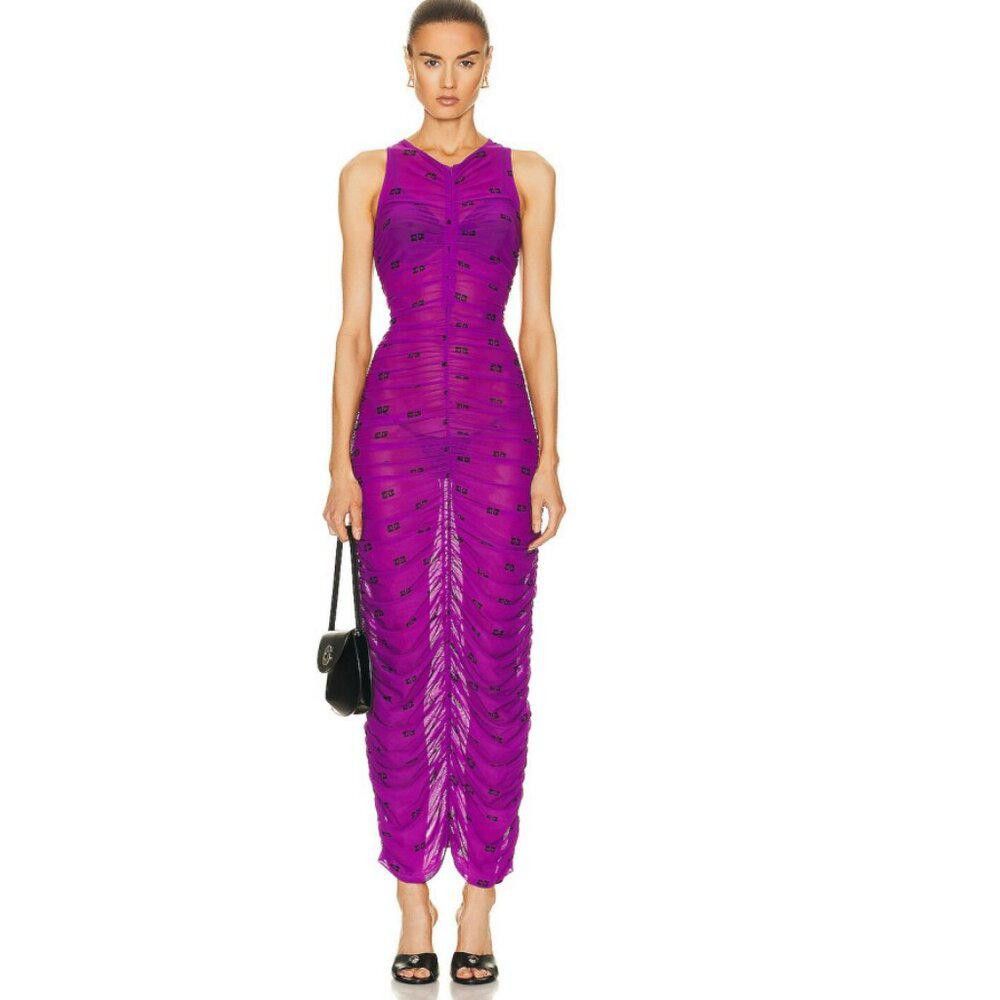 Ganni GANNI Printed Ruched Mesh Midi Dress Sparkling Grape NWT Size XS / US 0-2 / IT 36-38 - 1 Thumbnail