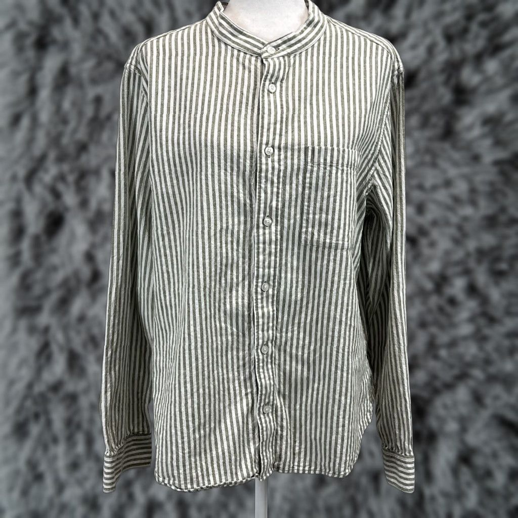 Madewell Madewell Linen Blend Collarless Button-Up Shirt Women's Size L White Green Striped Coastal Size L / US 10 / IT 46 - 1 Thumbnail