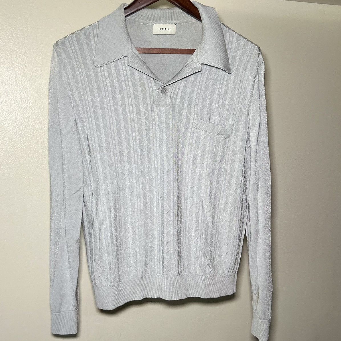 Lemaire Viscose Jacquard Knit Long Sleeve Polo Gray S