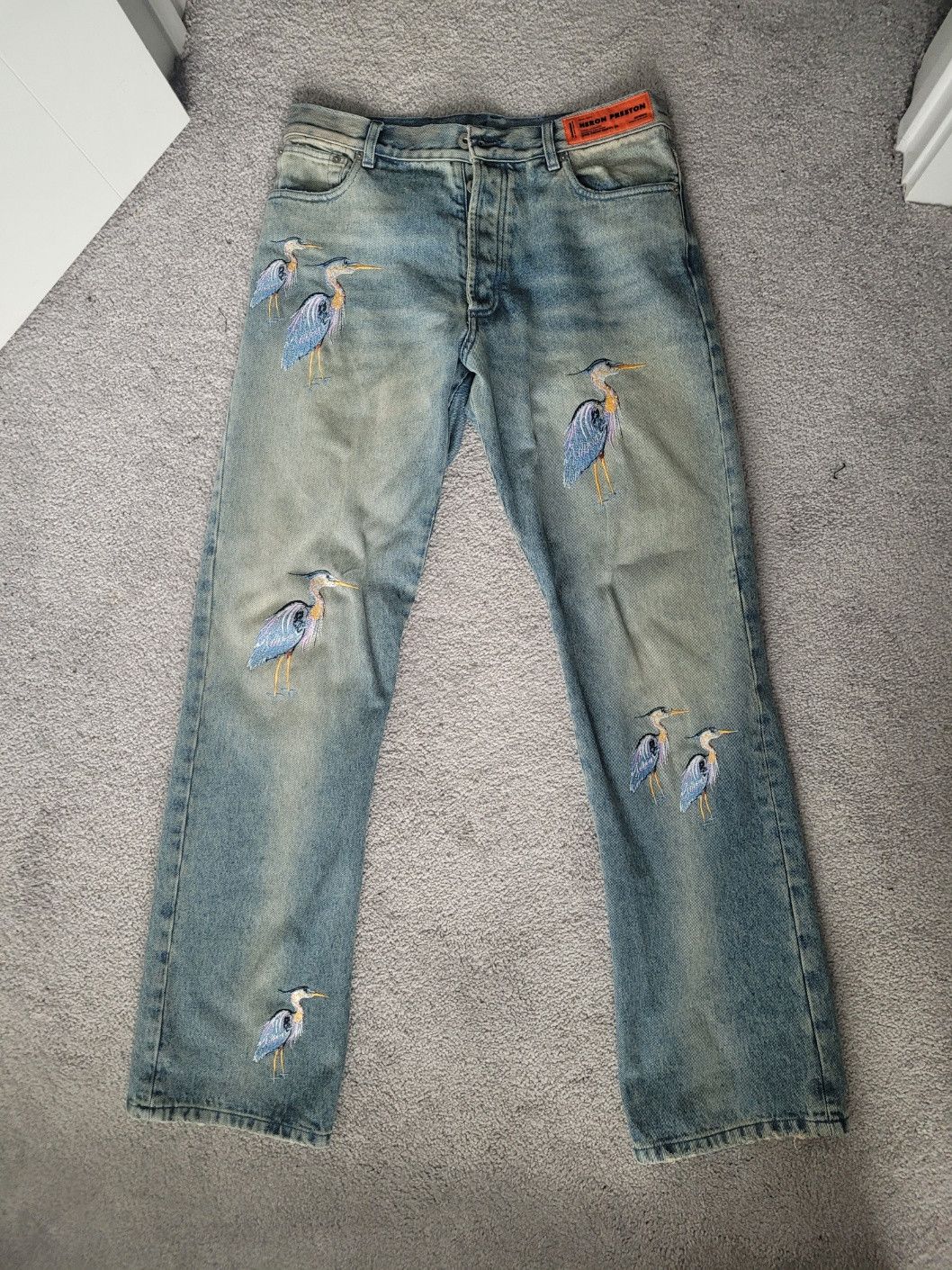 Image of Heron Preston Blue Regular Heron Embroidered Jeans, Men's (Size 30)