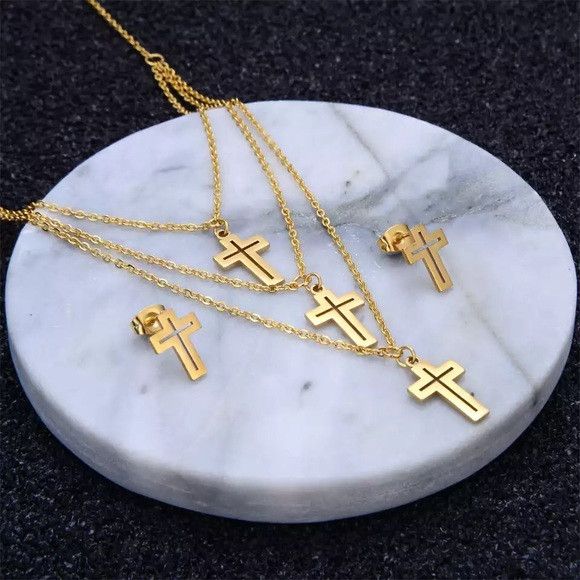 The Unbranded Brand Stainless steel cross necklace & earrings set Size ONE SIZE - 4 Thumbnail