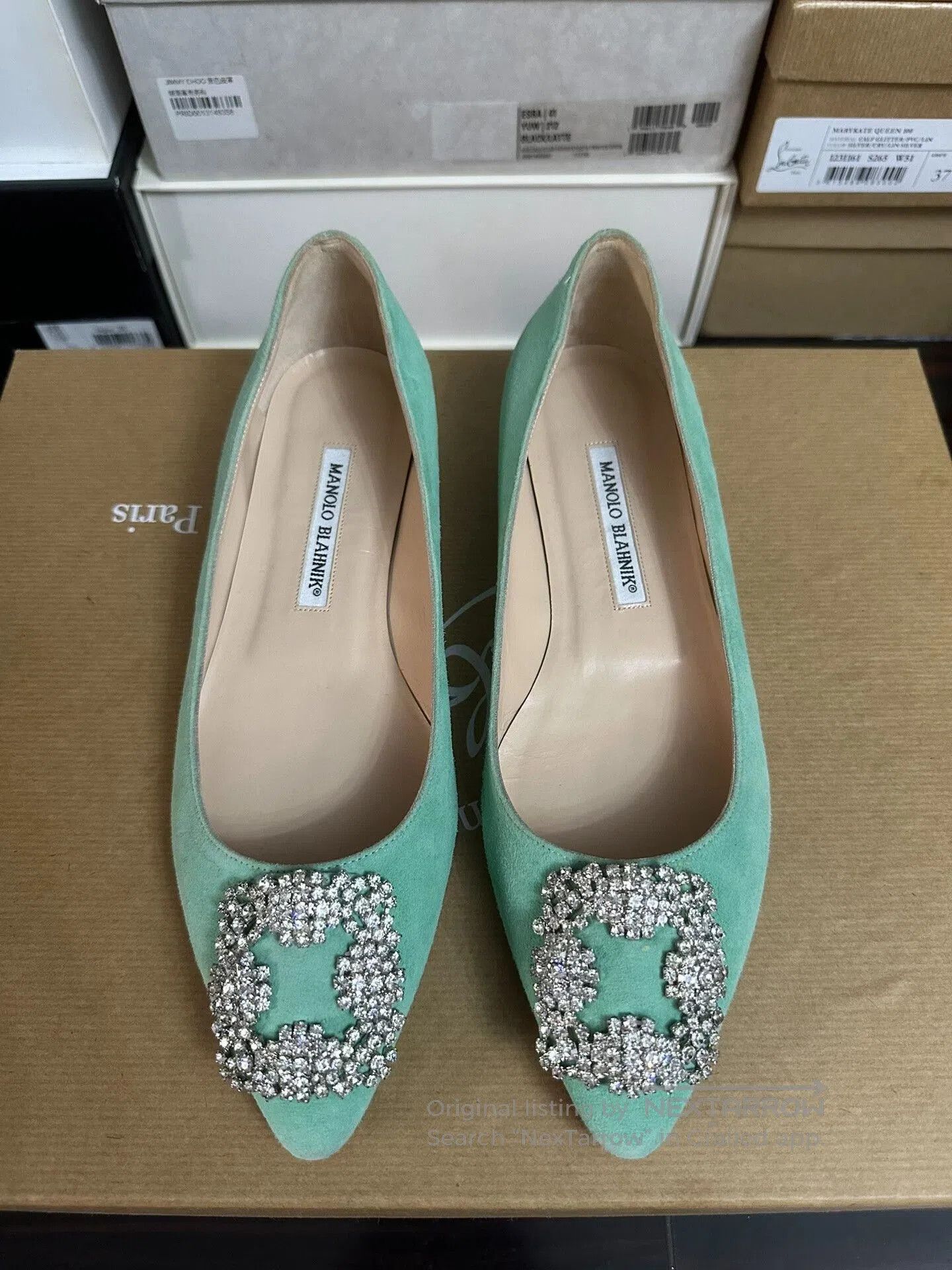 Manolo Blahnik Manolo Blahnik Mint Green Diamond Buckle Flats. Size US 7 / IT 37 - 1 Thumbnail
