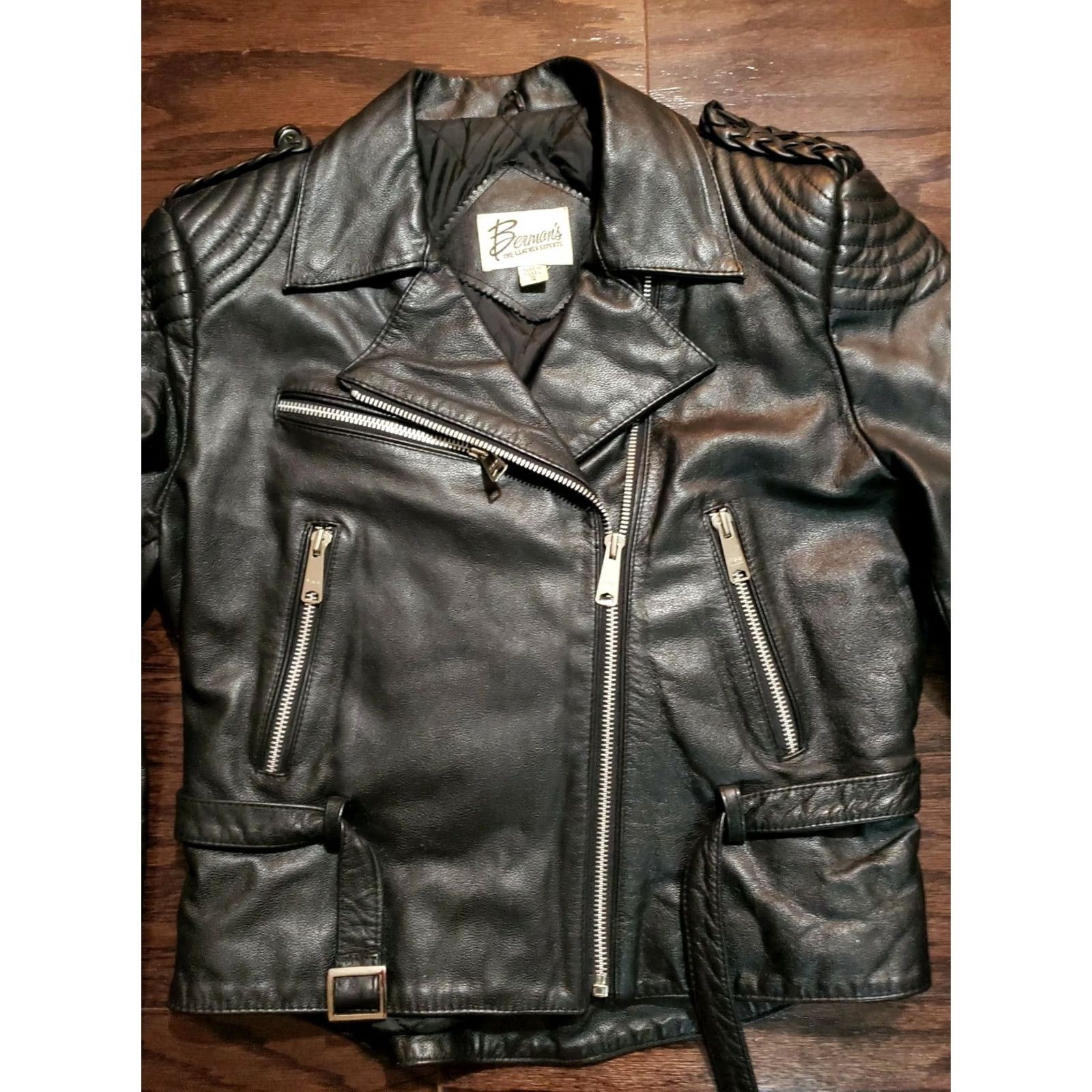 Ben Sherman VINTAGE Bermans Leather Bomber Jacket Women's 12 Black Cafe Racer Motorcycle Style Bomber Jacket Womens Size XL / US 12-14 / IT 48-50 - 3 Thumbnail