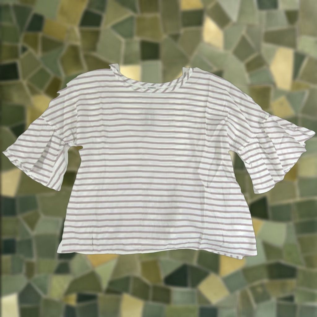 Express NWT Express Tunic Blouse Women Medium Stripe Flare Sleeve Rayon White Brown Size M / US 6-8 / IT 42-44 - 1 Thumbnail