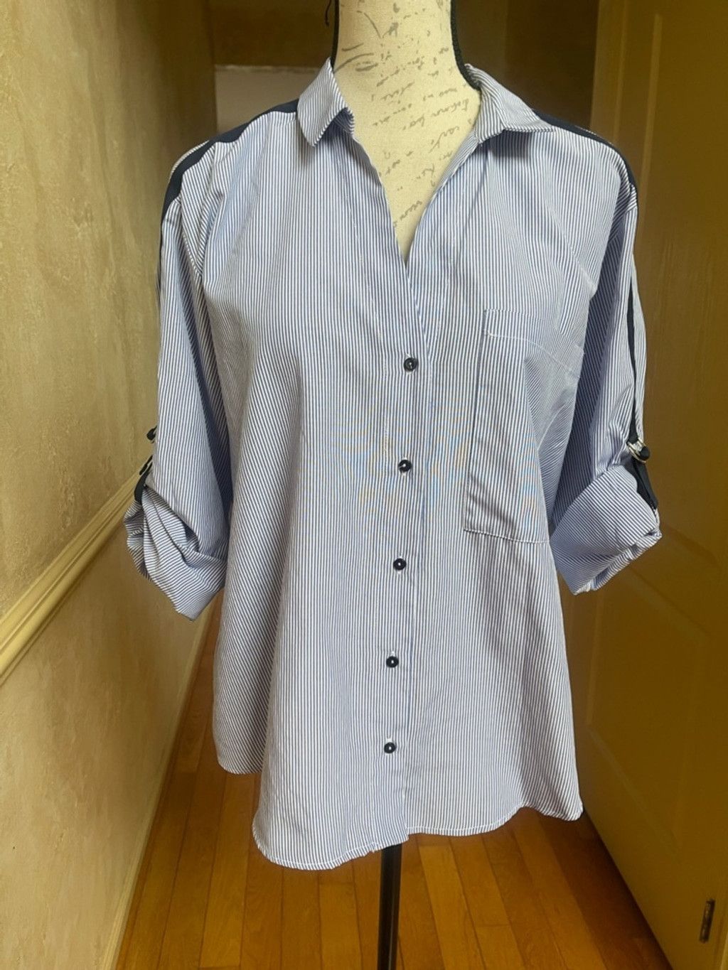 Zara ZARA Stripe Button Down Shirt L Blue White Nautical Blouse Size L / US 10 / IT 46 - 3 Thumbnail