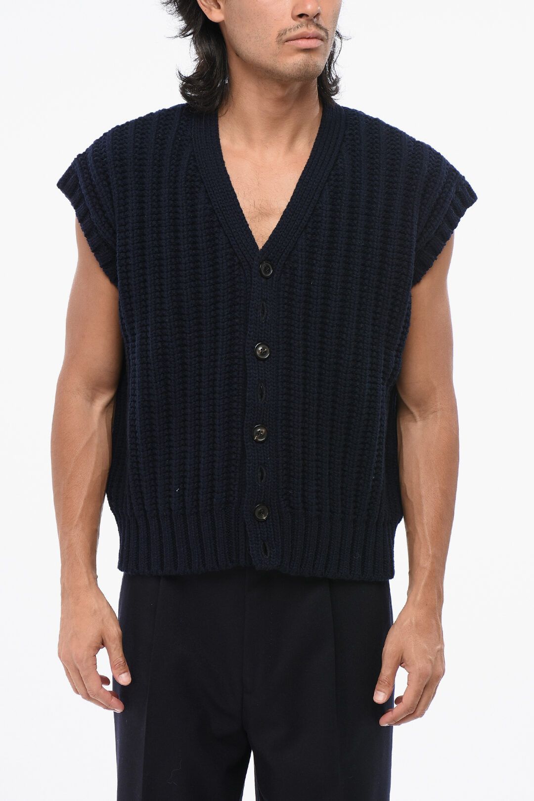 Maison Margiela og1mm0825 Short Sleeved Wool Cardigan in Navy Blue Size US M / EU 48-50 / 2 - 1 Thumbnail