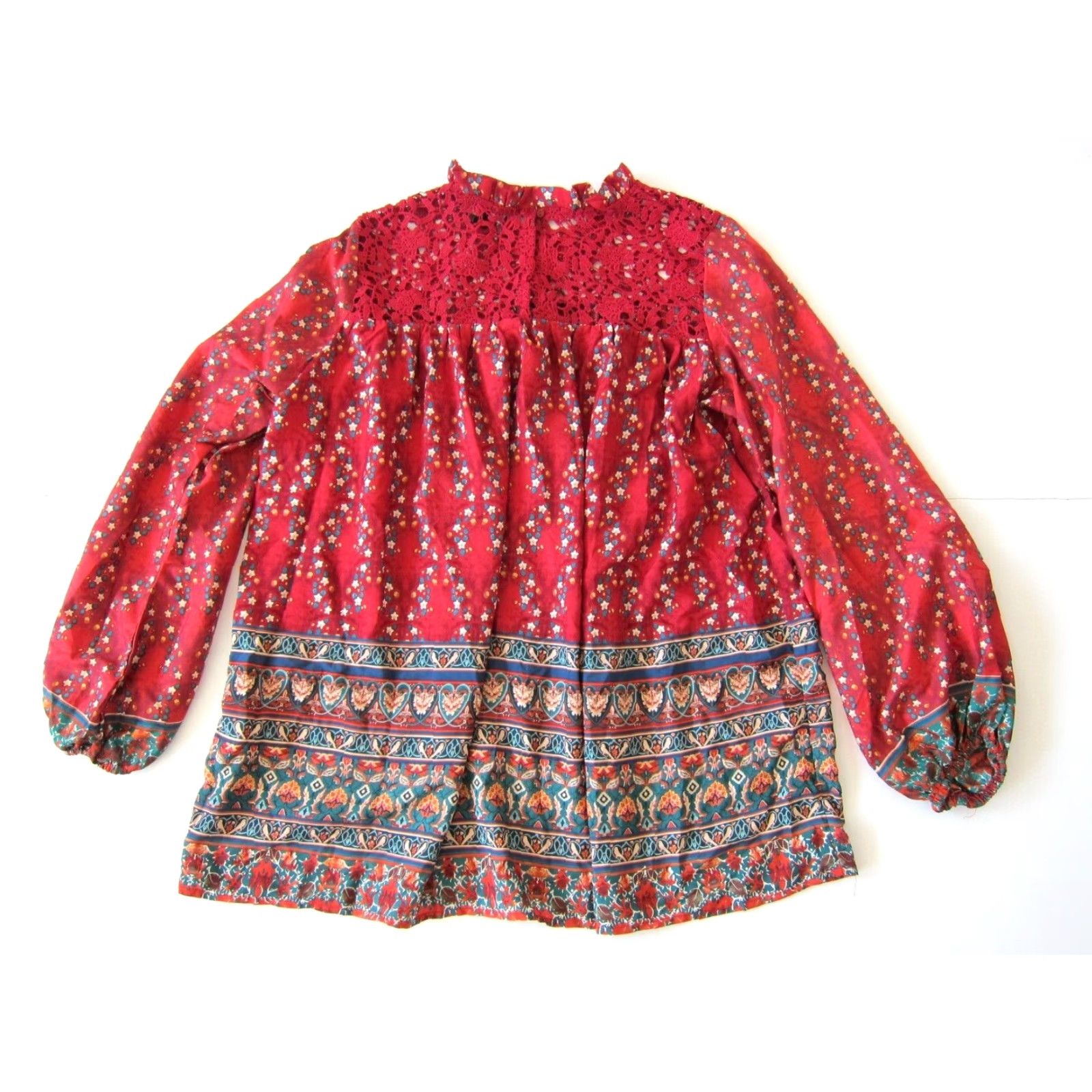 Vintage Suzanne Betro Red Floral Bird High Neck Long Sleeve Ruffle Blouse XL Women’s Blouse Size XL / US 12-14 / IT 48-50 - 2 Thumbnail