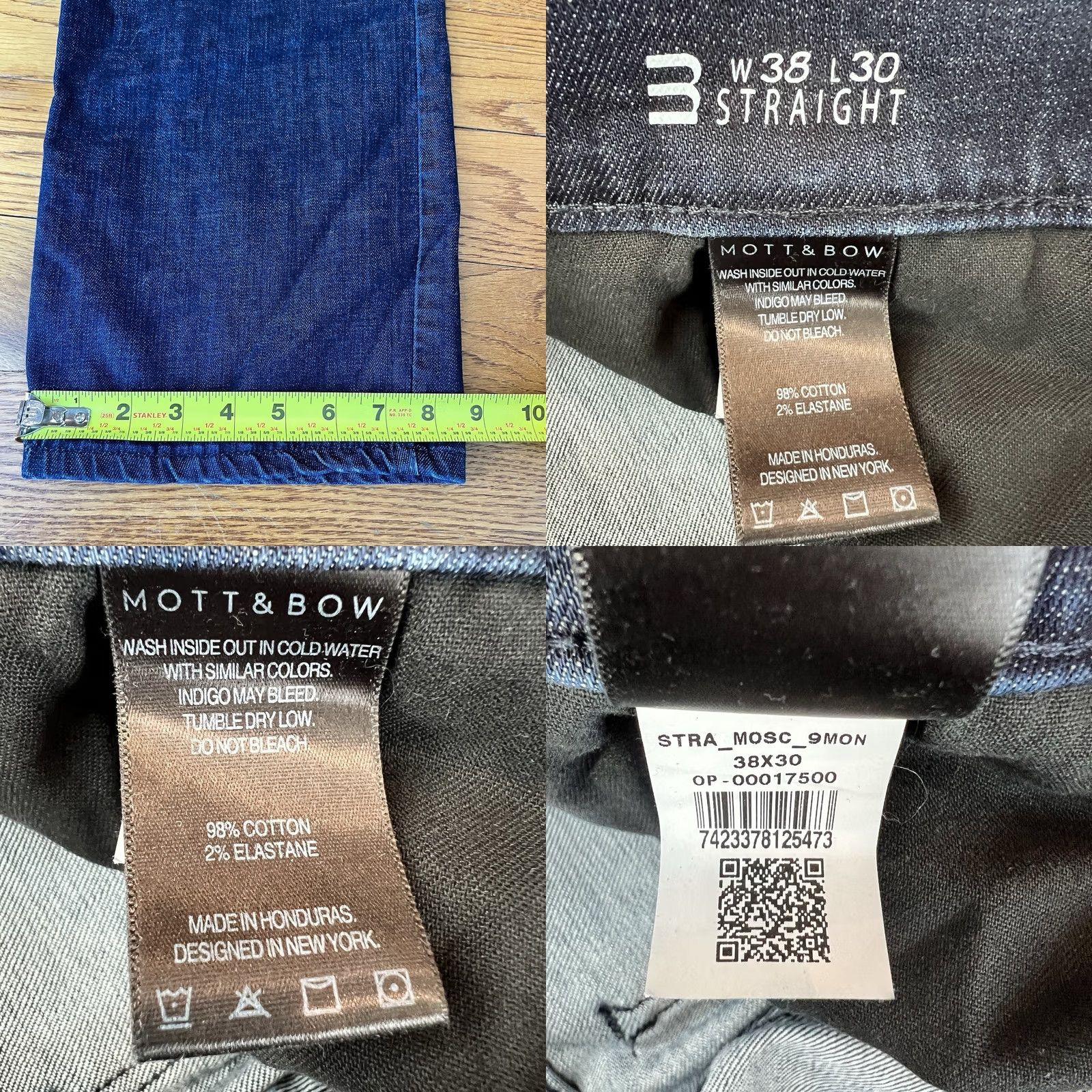 Mott & Bow Mott & Bow Jeans Men 38x30 Straight Blue Denim Cotton Stretch 5-Pocket Regular Rise Mid-Blue Logo Embroidered Zip Button Closure Vintage No Size US 38 / EU 54 - 9 Thumbnail