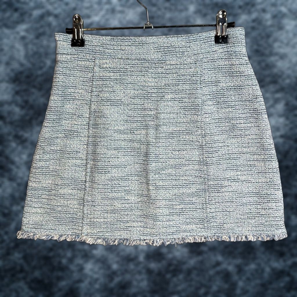 Zara Zara Skirt Womens Small Blue Tweed Mini With Fringe Hem & Gold Button Pockets - Adult Small - Cotton Polyester - Short Style Modern - Womens Size 28" / US 6 / IT 42 - 1 Thumbnail