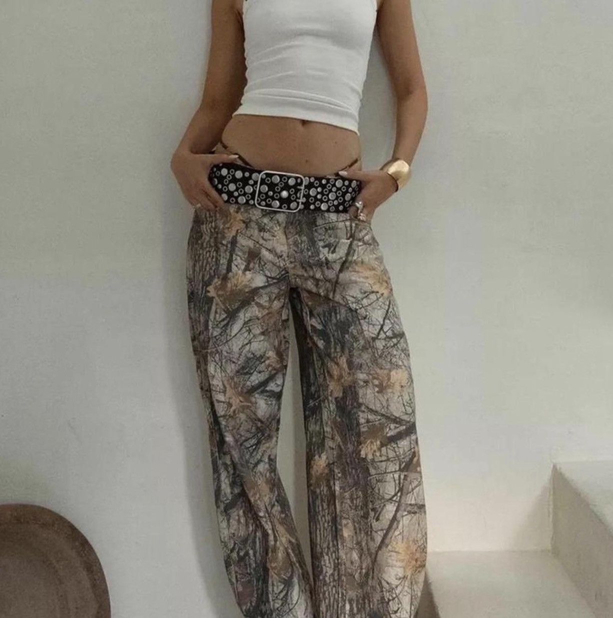 Bershka BERSHKA VIRAL TREE CAMO WIDE LEG PANTS (belt not included) Size 24" / US 00 / IT 34 - 1 Thumbnail