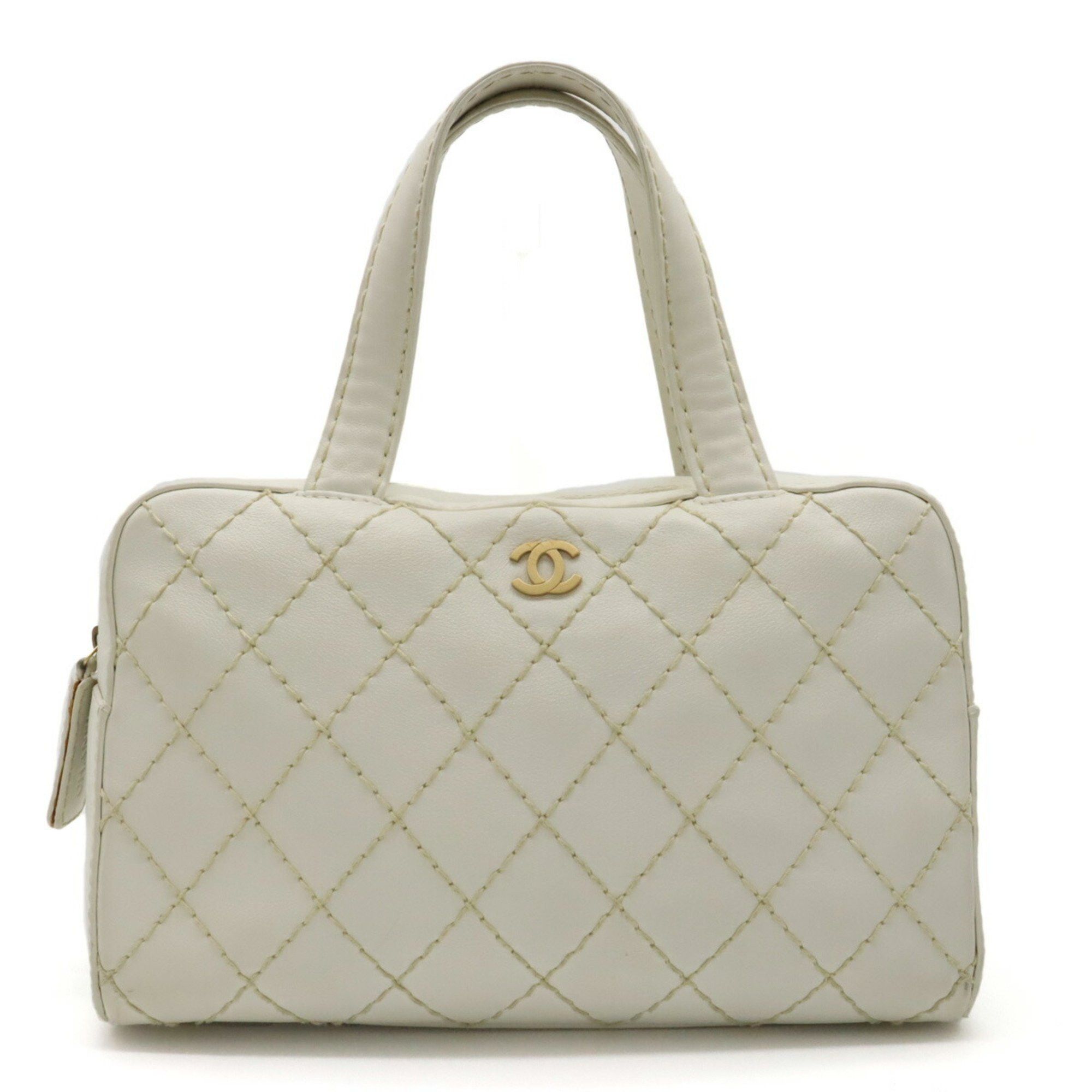 image of Chanel Wild Stitch Handbag Boston Bag Leather White A14692, Women's