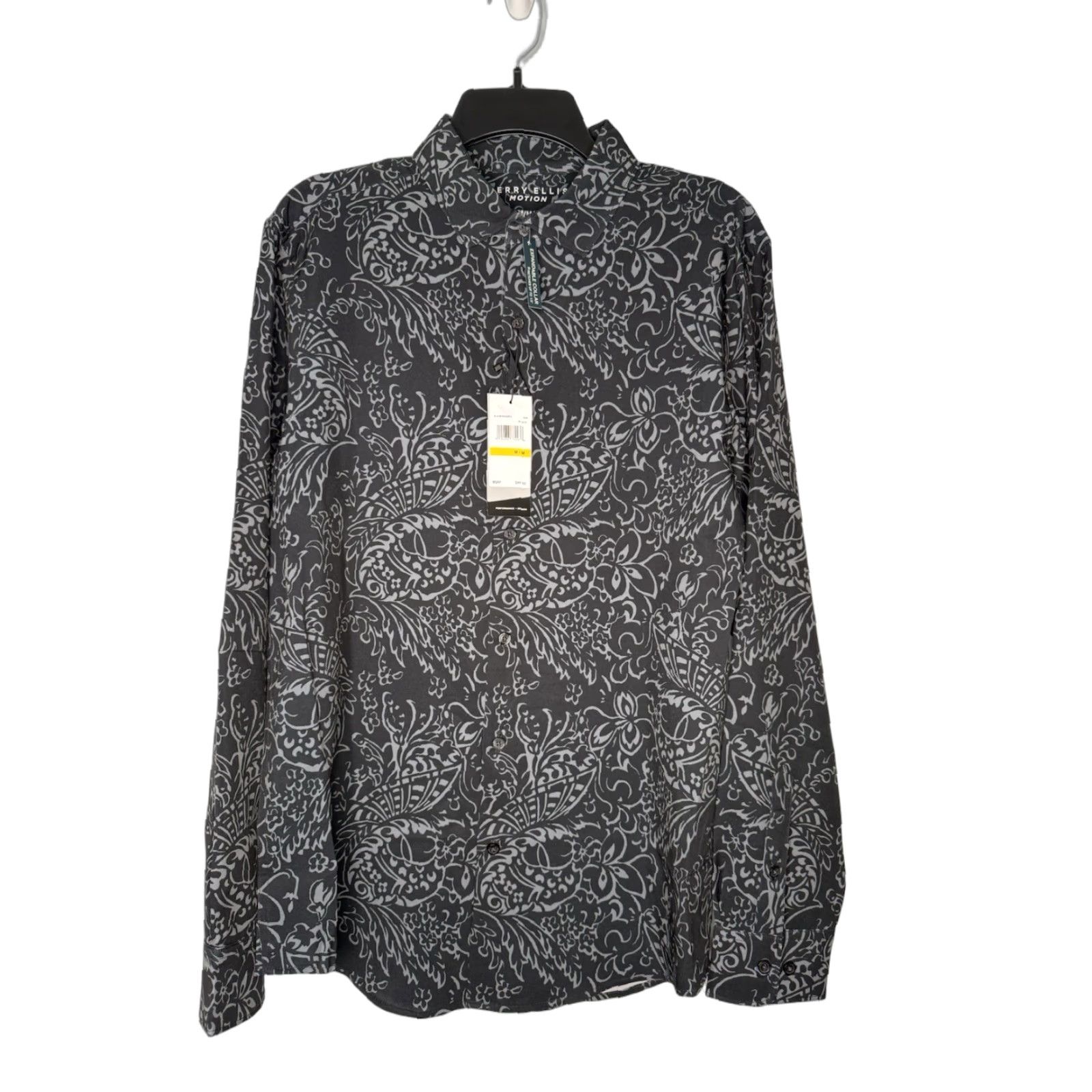 Perry Ellis Perry Ellis Mens Shirt Regular Slim Dress Shirt Long Sleeve Black 22" Chest 30" Long NWT Motion Stretch Floral Print Size US M / EU 48-50 / 2 - 1 Thumbnail