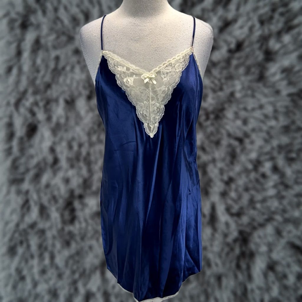 Vintage VINTAGE Lady Manhattan Satin Slip Nightgown L Blue Womens 90s Nightie Satin Nightgown USA Made Lingerie Size ONE SIZE - 1 Thumbnail