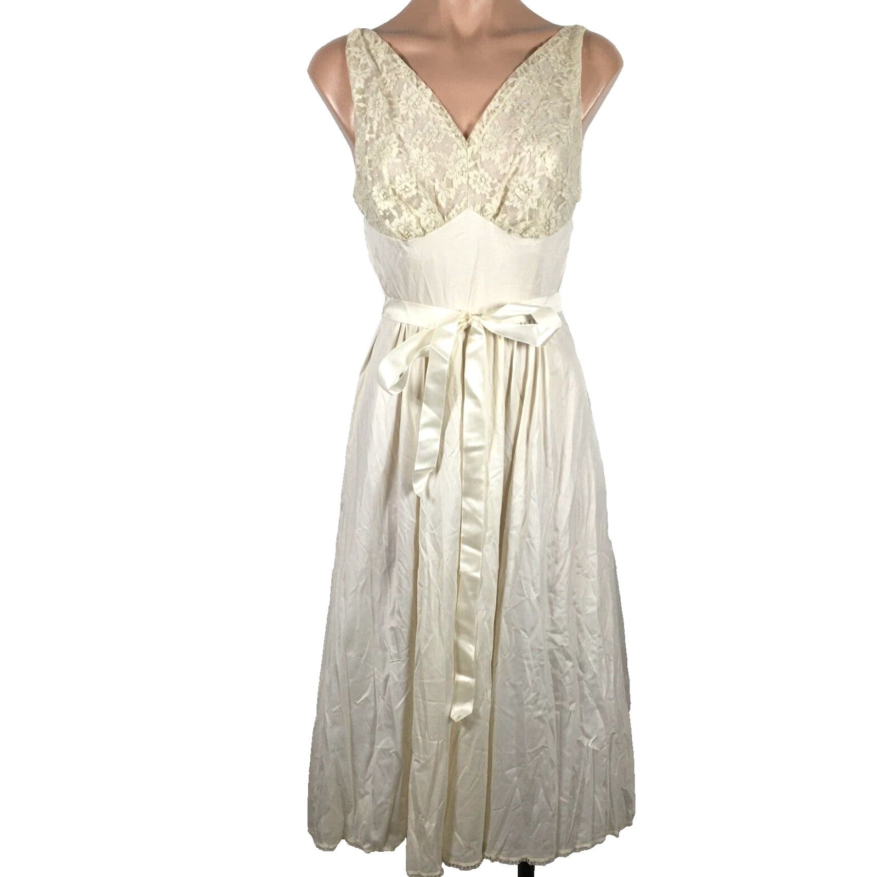 VTG Vanity Fair Ivory Dress Slip Sissy Lace Hem Trim 32 Nightgown Belted 1960s Nylon Edwardian Womens