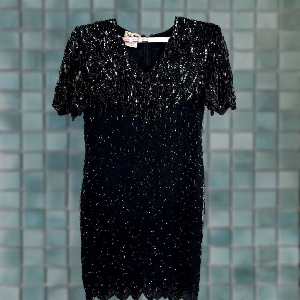 Vintage VINTAGE Brilliante by J.A. Silk Sequin Beaded Evening Dress Womens Large Black 90s Party Cocktail Chiffon Size L / US 10 / IT 46 - 1 Thumbnail