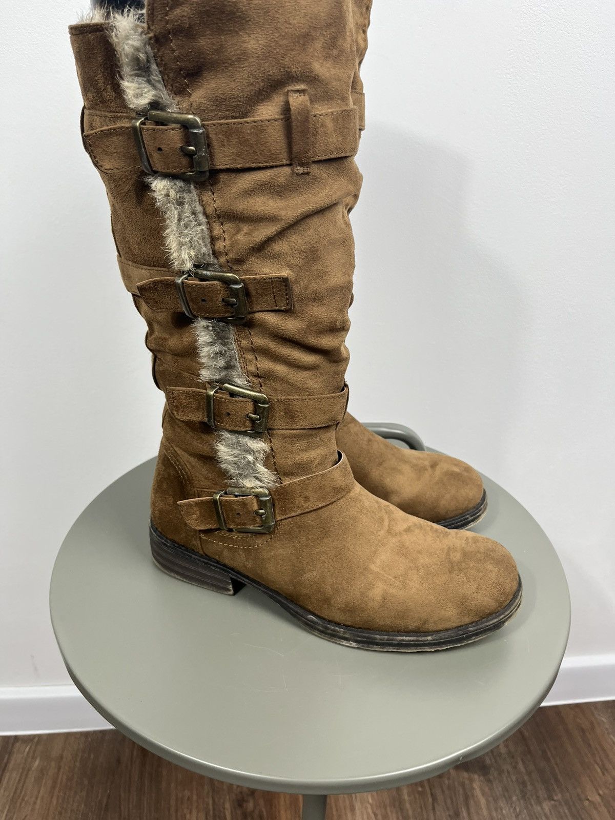 Other Women’s Suede Buckle Knee High Boots Faux Fur Biker EU 40 Size US 9 / IT 39 - 3 Thumbnail