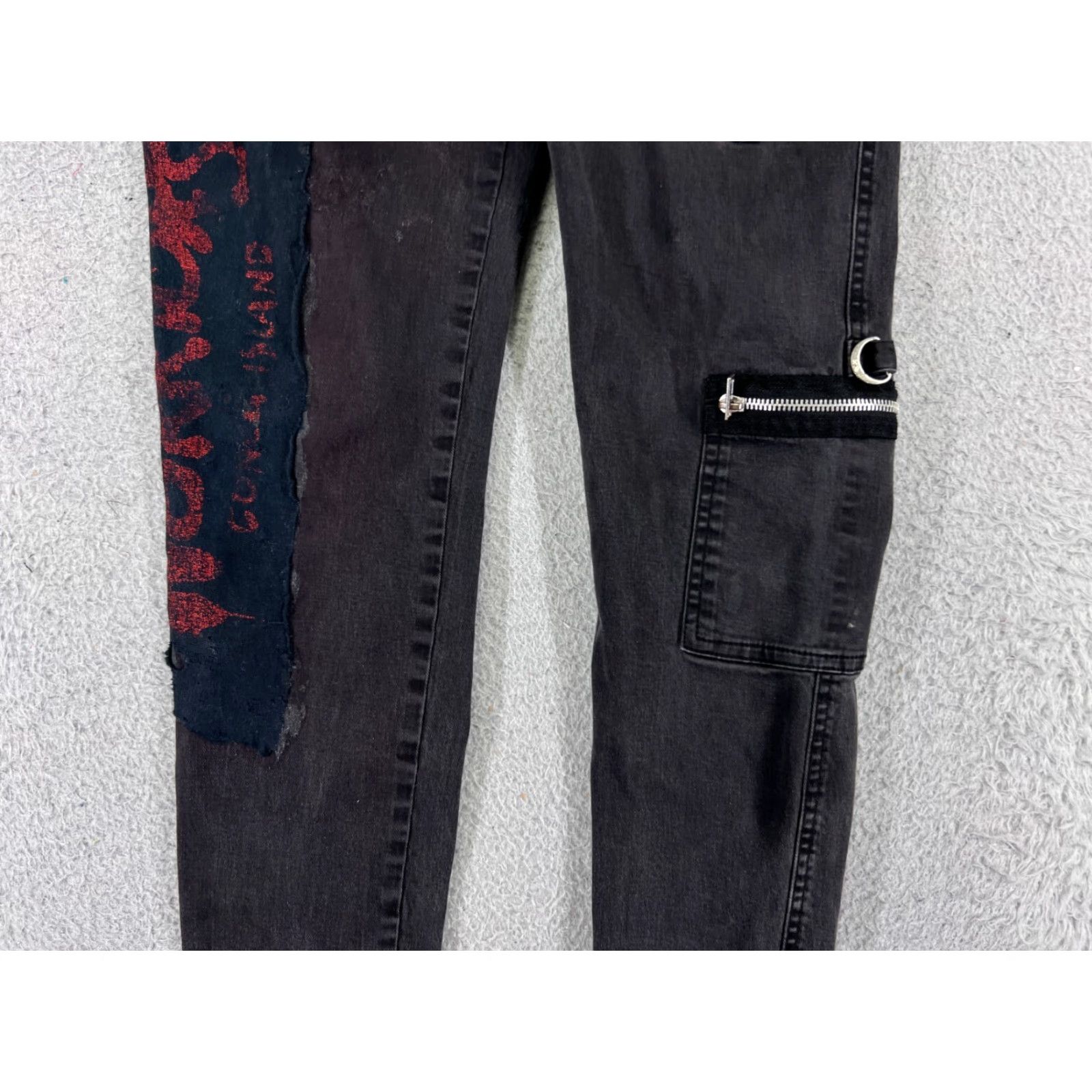 Vintage Royal Bones Womens Black Denim Skinny Jeans 11 Distressed Cargo Button Logo 90s Size 32" / US 10 / IT 46 - 7 Thumbnail
