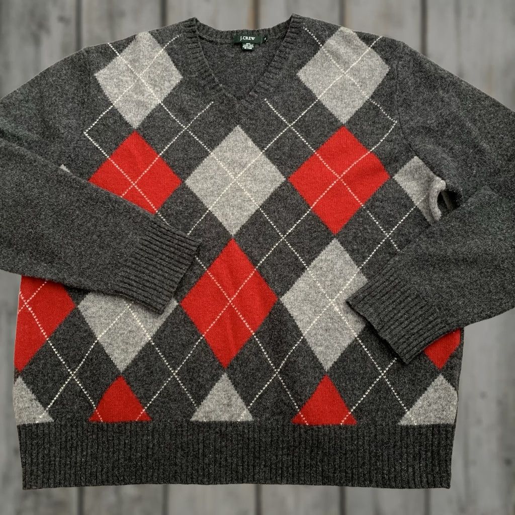 J.Crew VINTAGE J. Crew Sweater Mens XL Gray Red Argyle Lambs Wool V-Neck Pullover Dad Grandpa Size US XL / EU 56 / 4 - 1 Thumbnail