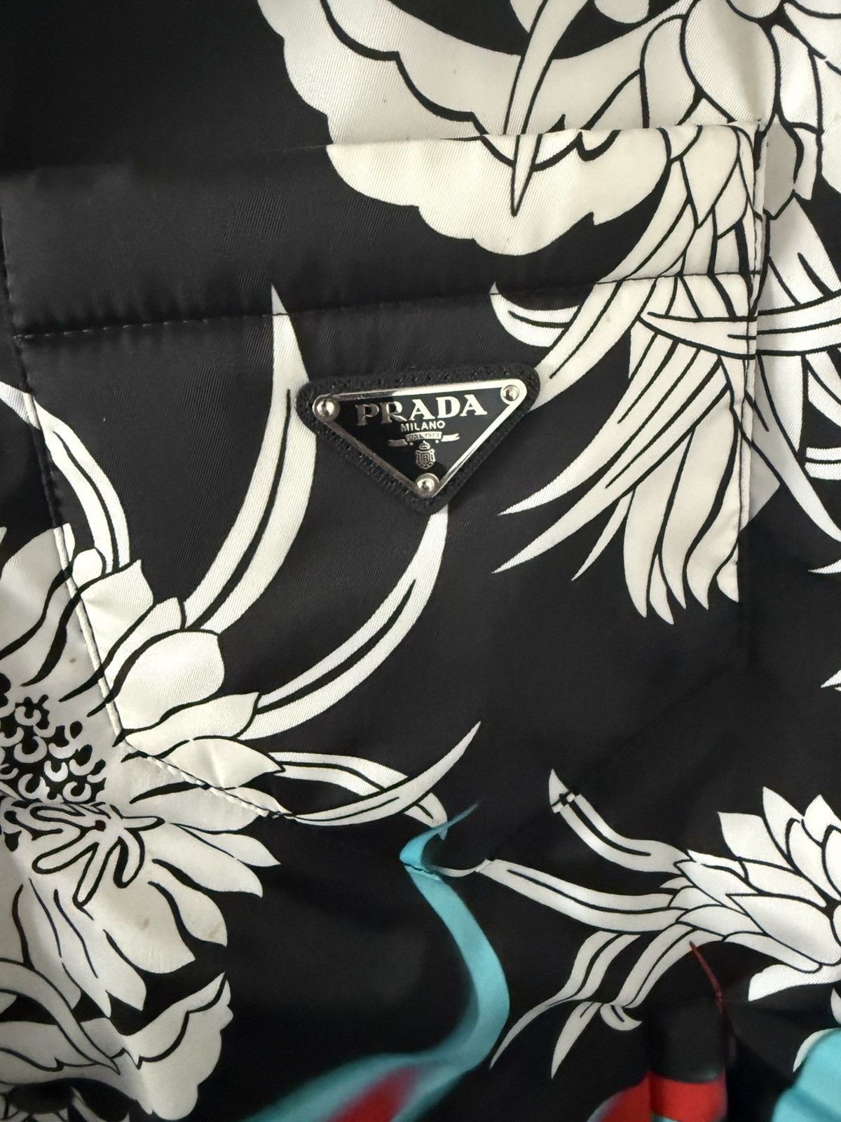 Prada oversized floral red flame nylon puffer shirt jacket