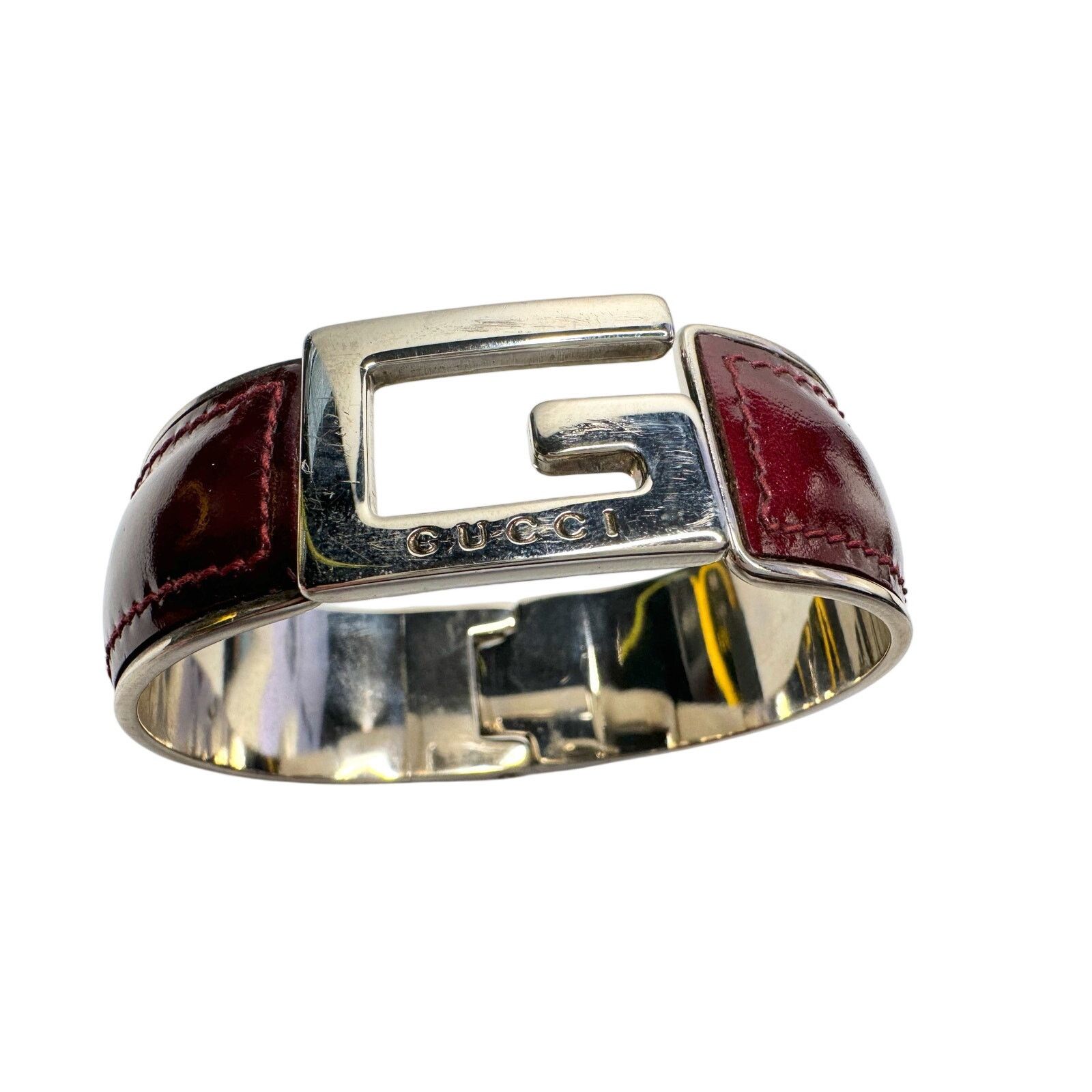 Gucci G-Logo Hinged Cuff Bracelet - Burgundy Patent Leather