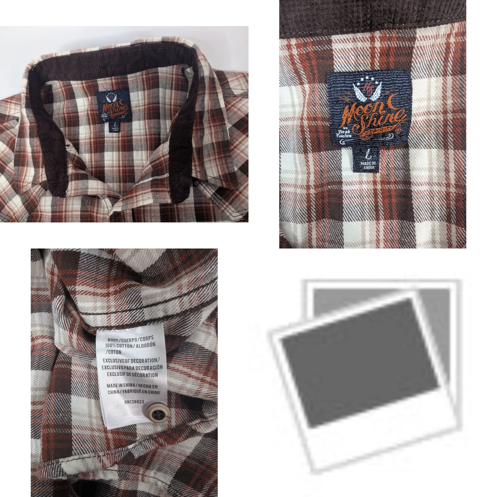Vintage Moonshine Spirit by Brad Paisley Shirt Long Sleeve Button-Up Flannel Brown Beige Cotton Plaid Snap Pockets Cowboy Western Cowboy Mens L Size US L / EU 52-54 / 3 - 8 Thumbnail