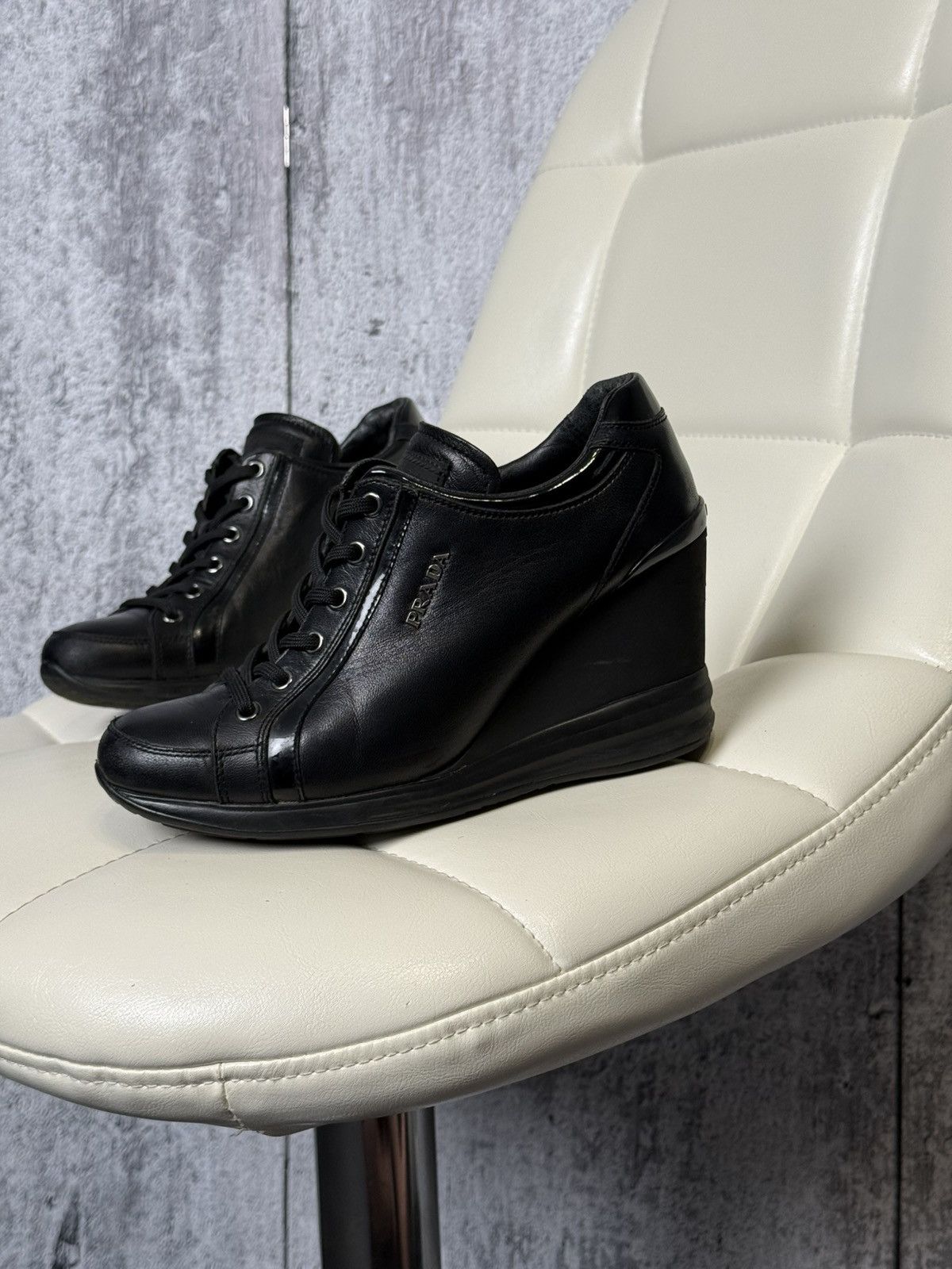 Prada PRADA Wedge Sneakers Black Leather Womens Platform Shoes Size US 6.5 / IT 36.5 - 2 Thumbnail