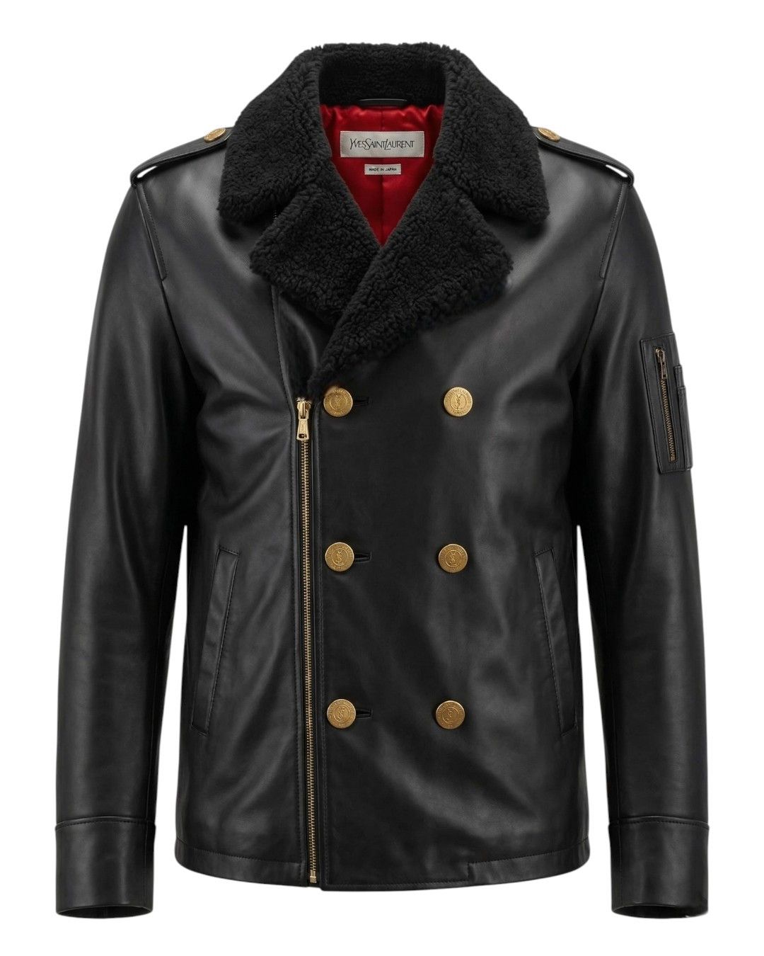 Yves Saint Laurent RARE SHEARLING COLLAR DOUBLE BREASTED LEATHER COAT JACKET Size US XL / EU 56 / 4 - 1 Thumbnail