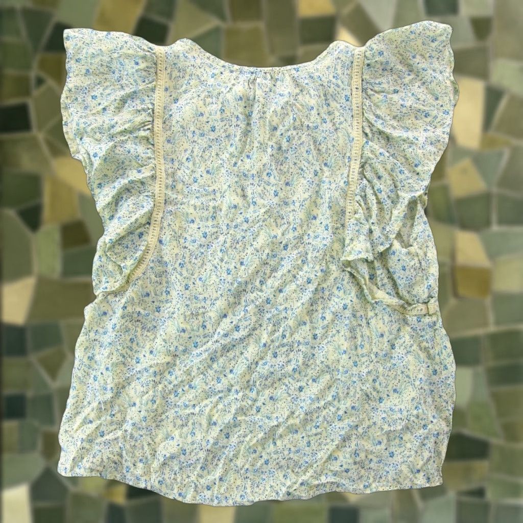 Lucky Brand Lucky Brand Cap Sleeve Blouse Floral Yellow Blue 100% Rayon Large Womens Size L / US 10 / IT 46 - 1 Thumbnail