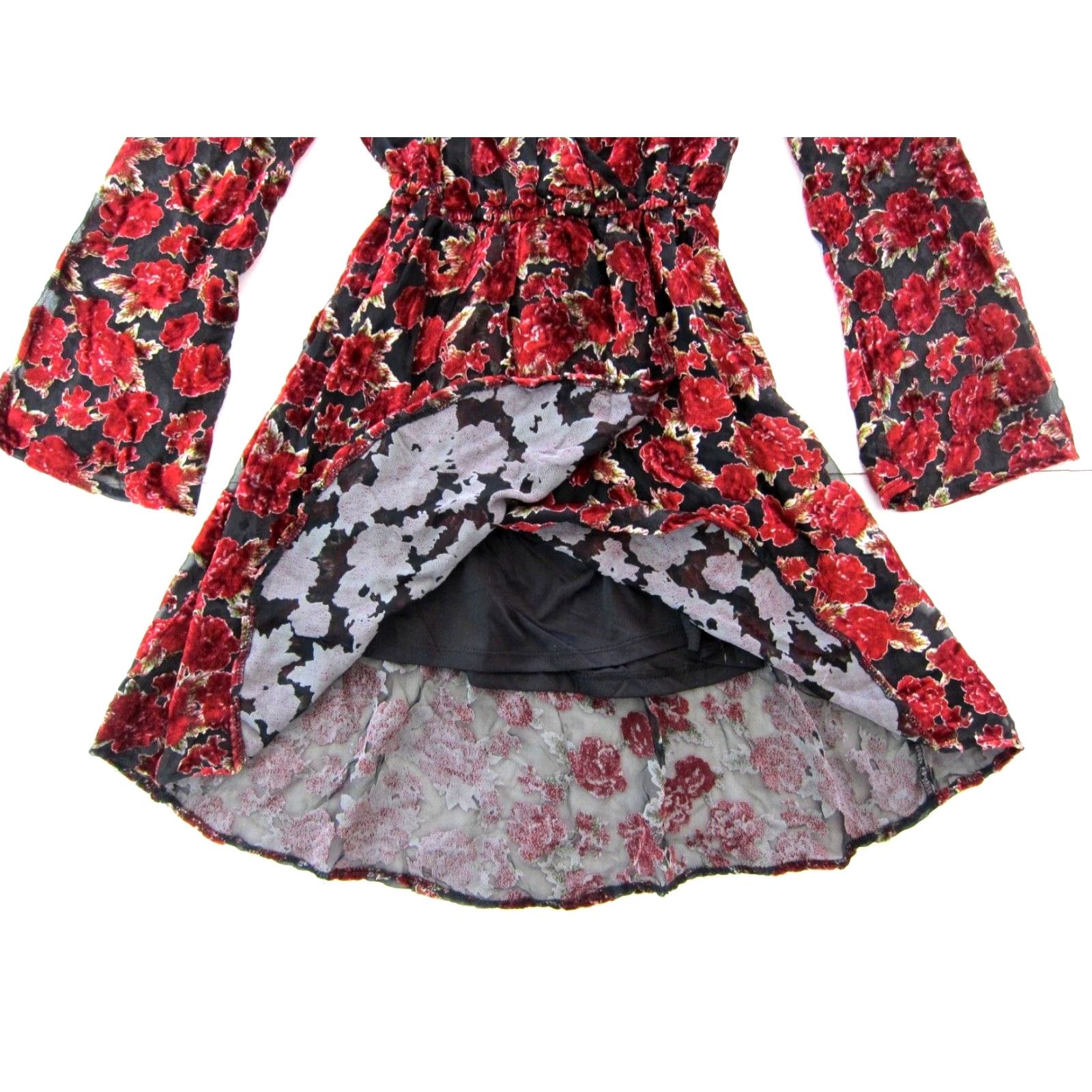 Velvet Band Of Gypsies Red Floral Velvet Long Sleeve V-Neck Wrap Dress M Women's dress Size M / US 6-8 / IT 42-44 - 5 Thumbnail