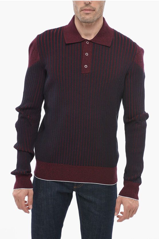 image of Bottega Veneta Ribbed Two-Toned Polo Shirt in Red, Men's (Size XL)