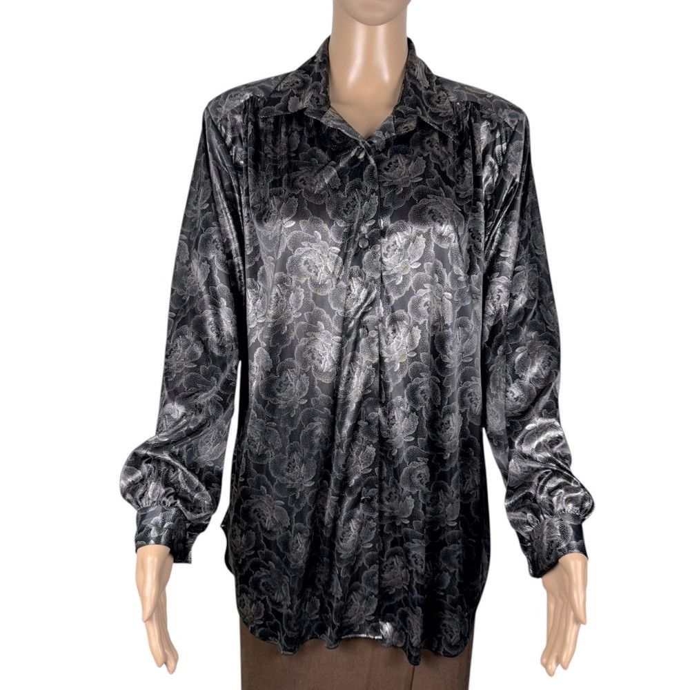 Other Vintage Joanna Floral Silver Padded Shoulder Long Sleeve Bl Size M / US 6-8 / IT 42-44 - 1 Thumbnail