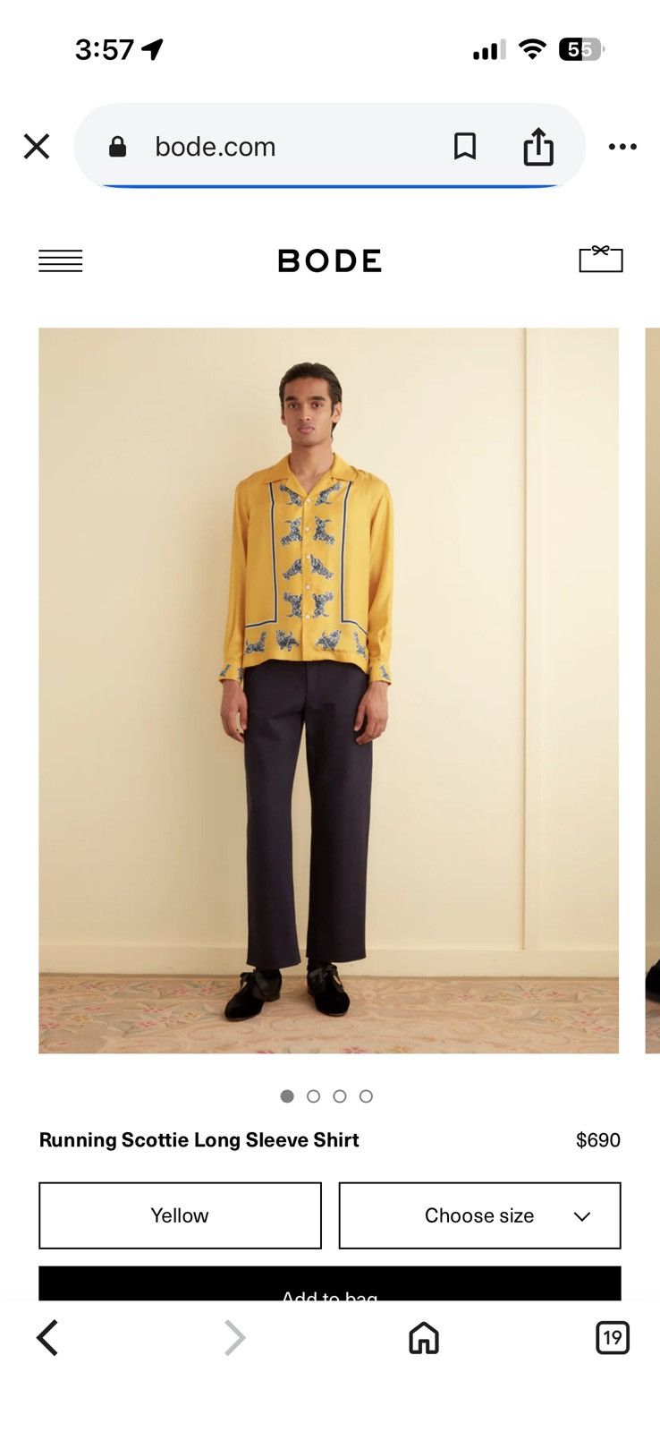 BODE Running Scottie Long Sleeve Shirt Yellow 100% Silk