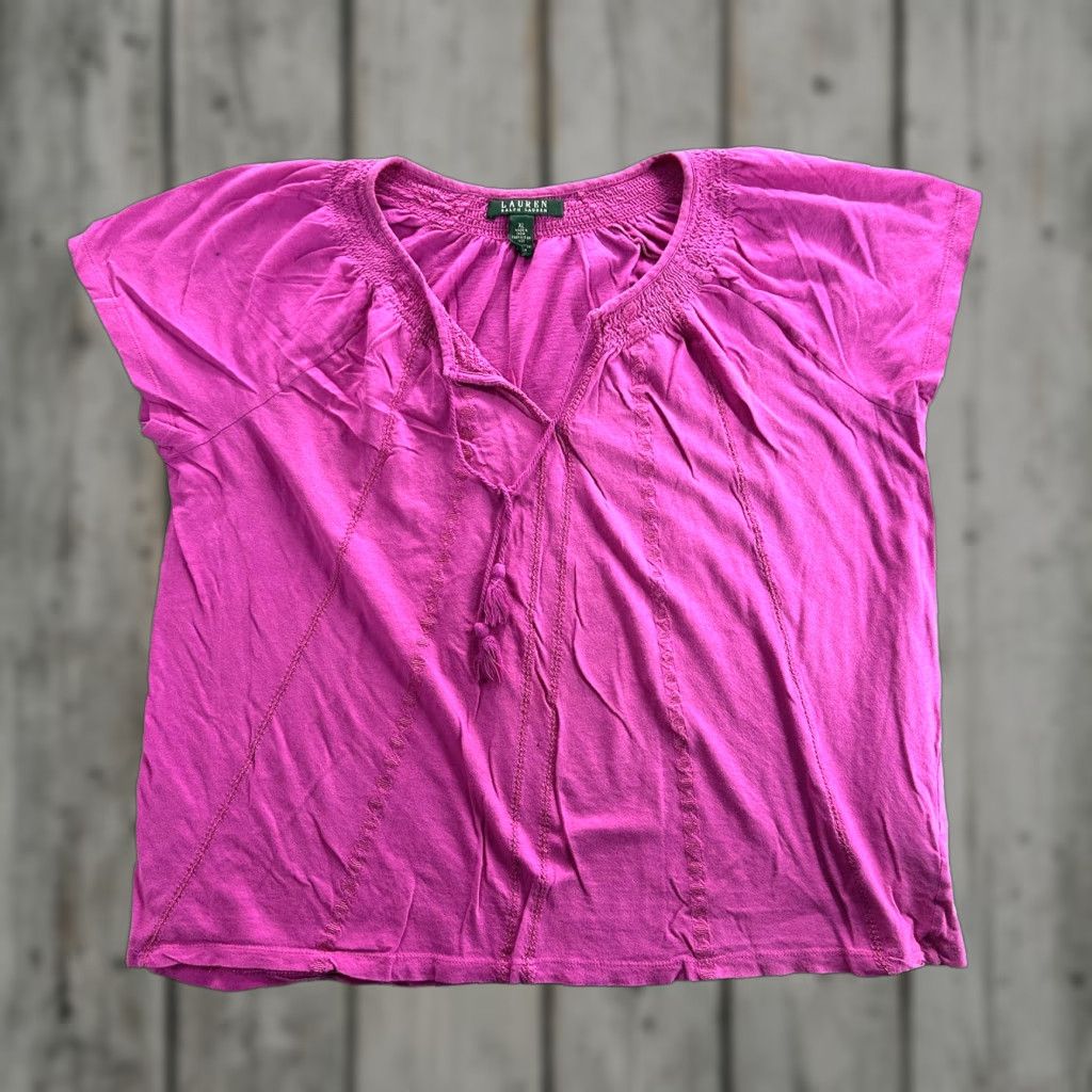 Ralph Lauren Lauren Ralph Lauren Shirt Womens XL Pink Short Sleeve Boho Tassel Blouse Top Adult Regular Size XL Pink bohemian 100% cotton Mens Womens Girls Boys Size XL / US 12-14 / IT 48-50 - 1 Thumbnail