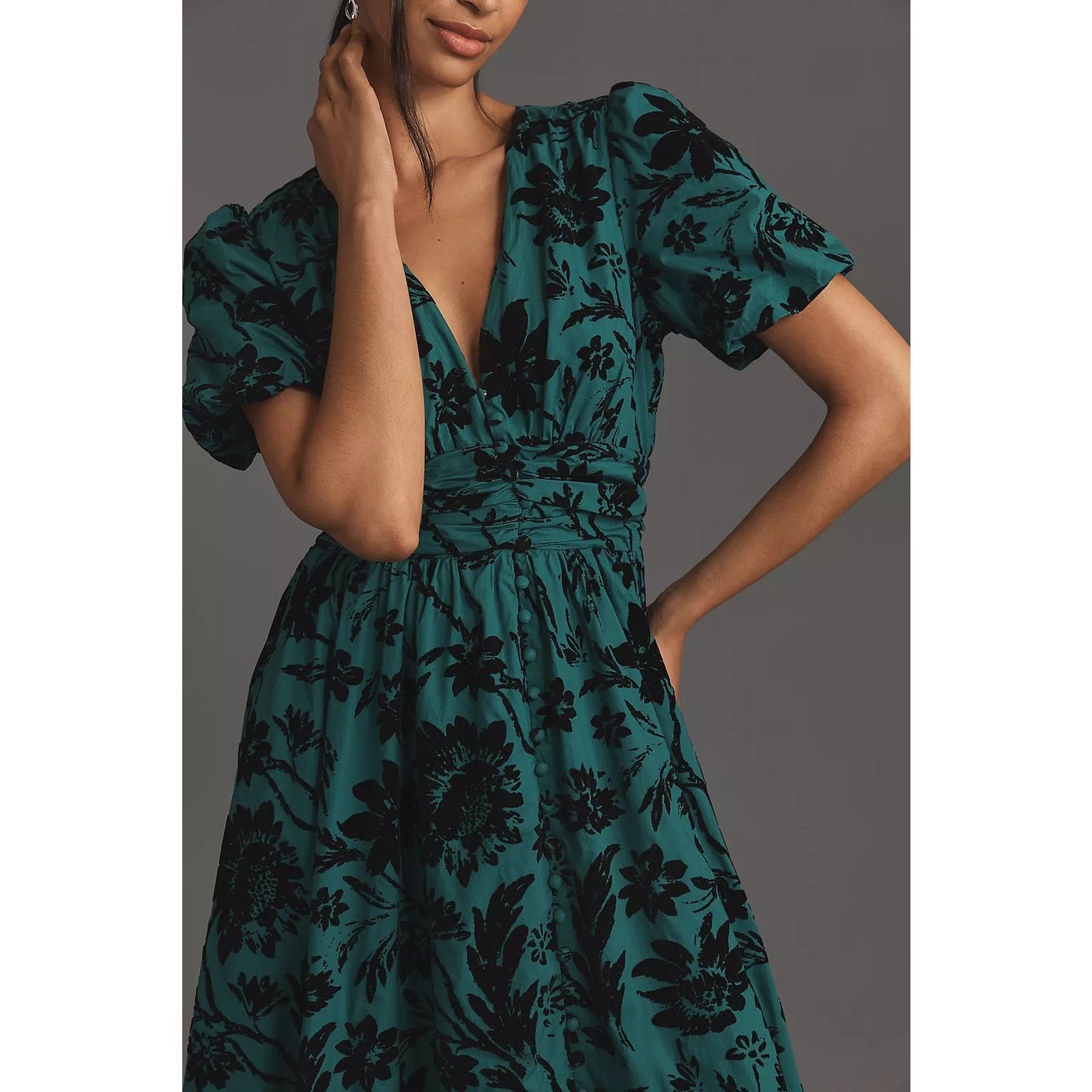 Anthropologie NWT The Katerina Button-Front Dress $198 XXS 00 Dark Green Size XXS / US 00 / IT 34 - 3 Thumbnail