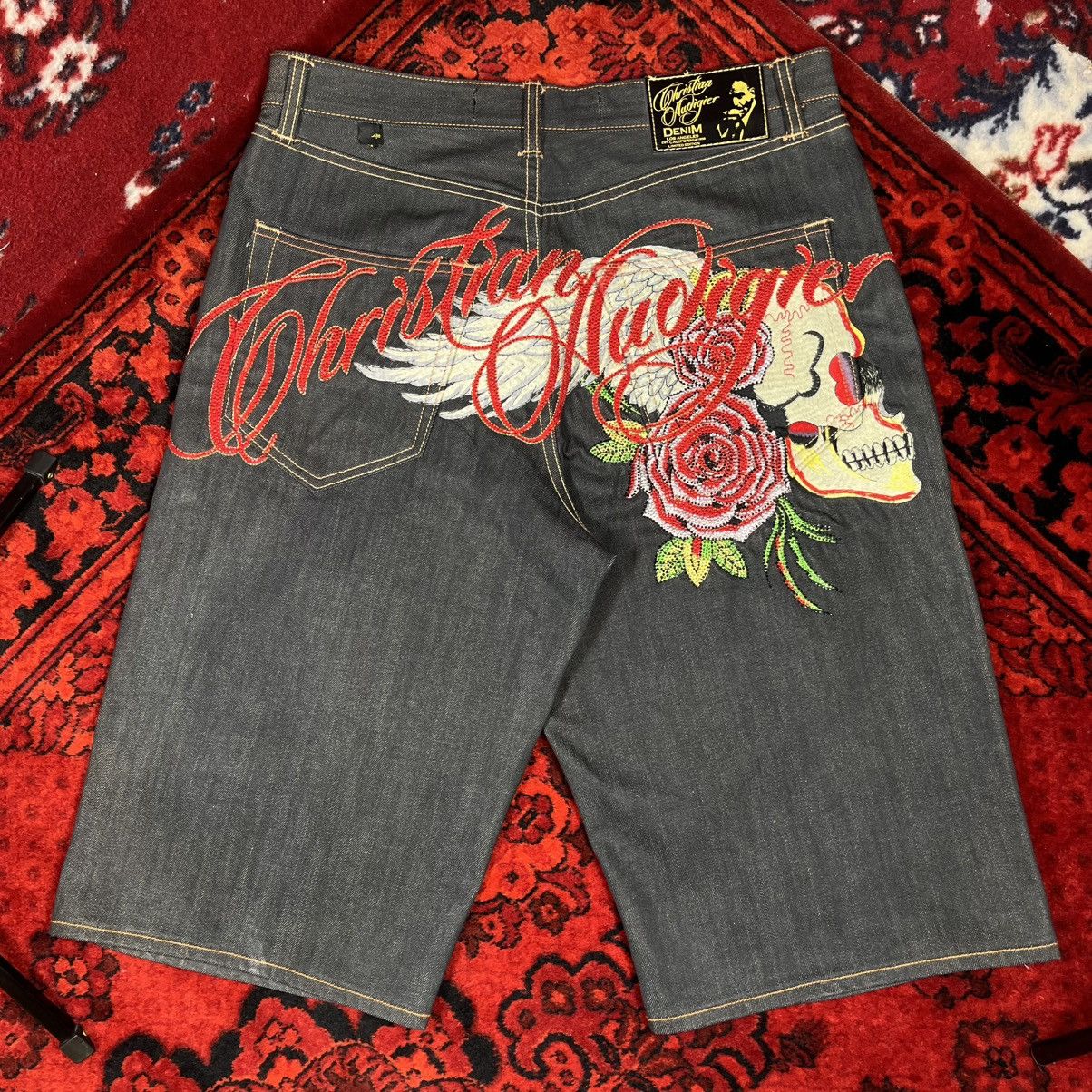 Ed Hardy Christian Audigier Denim Y2K Streetwear Shorts Skull Roses Size US 34 / EU 50 - 4 Thumbnail