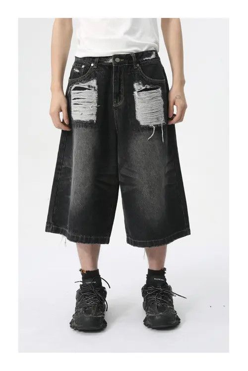 Japanese Brand Black Vintage Straight Washed Ripped Denim Shorts Size US 32 / EU 48 - 1 Thumbnail