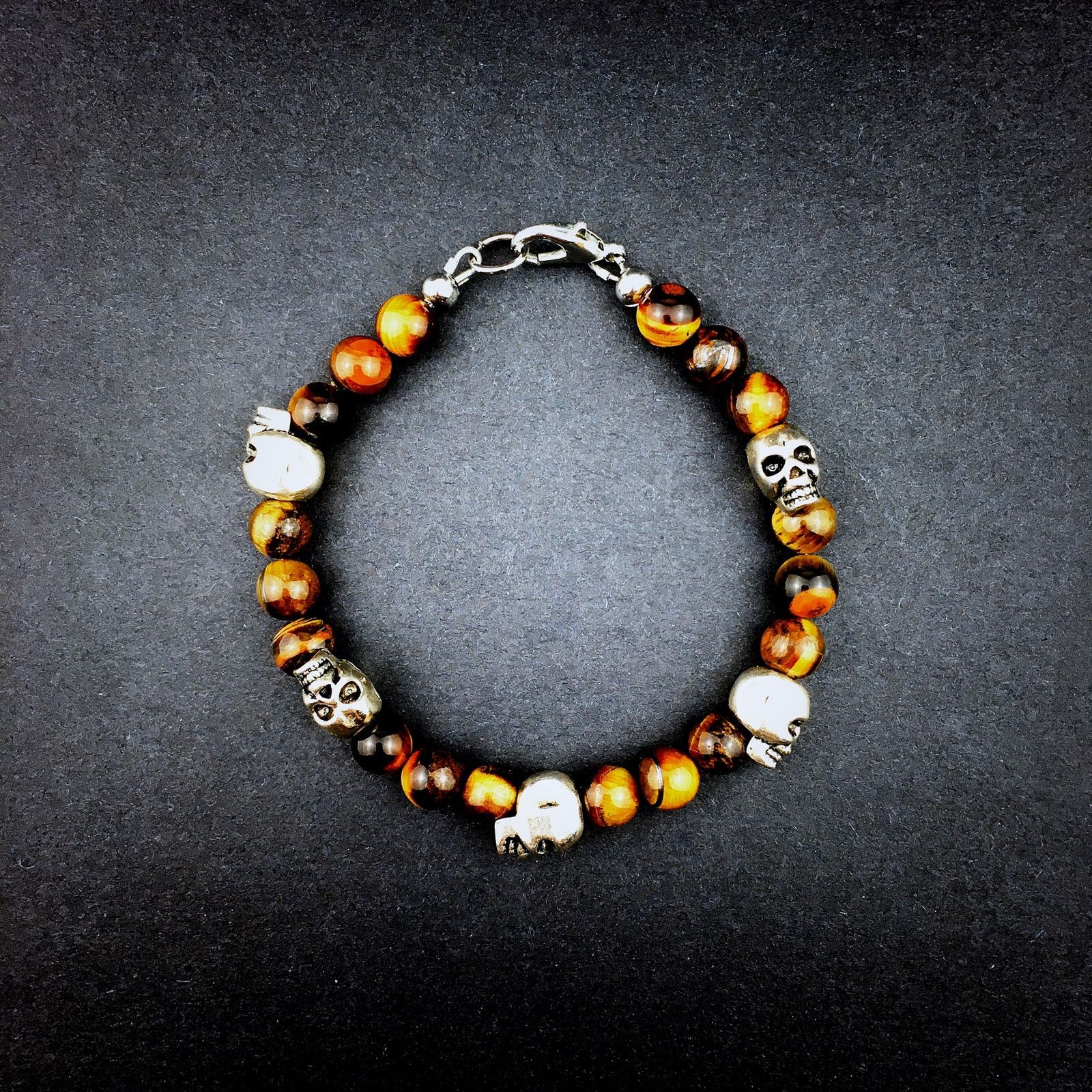 Handmade 💀Silver Skull and Genuine Tiger’s Eye Beaded Bracelet Size ONE SIZE - 2 Thumbnail